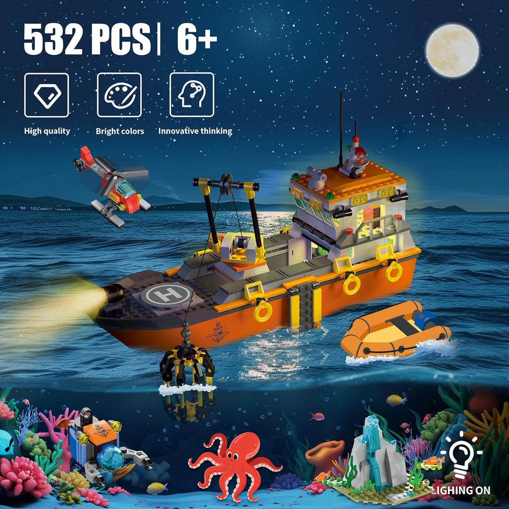 City Ocean Explorer Ship Building Set, Exploration Boat Set Toy Building Block with LED Lights, Helicopter, Submarine and Shark Cage, Birthday Gifts for 6 8 10 12 Years Old Boys Kids Girls