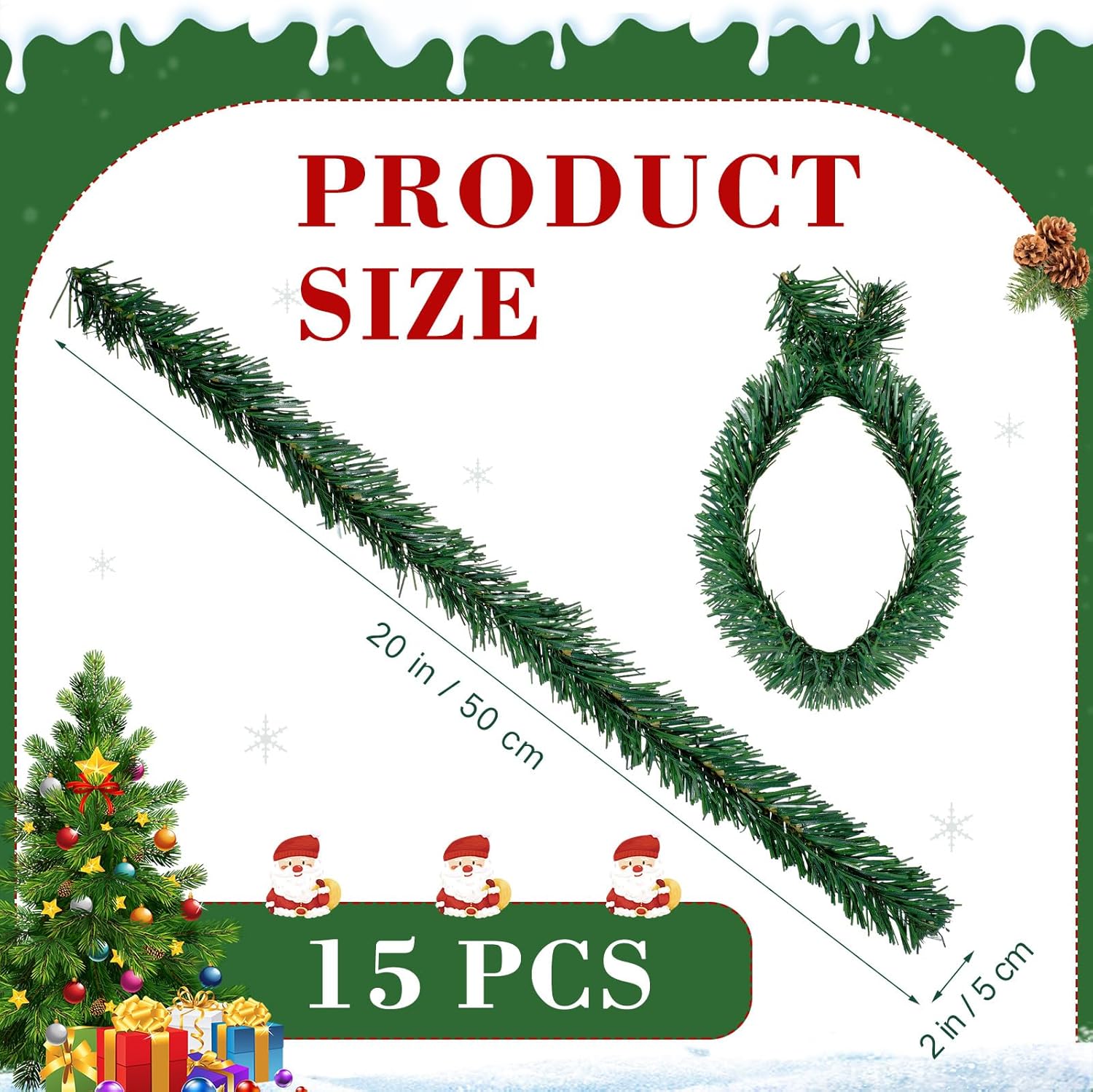 Zhengmy 15 Pcs 20 Inch Christmas Garland Ties Artificial Pine Needles Flexible Pine Stems Twist Wired Tree Branches for Christmas Stairs Railing Banister DIY Craft Gift Wrapping