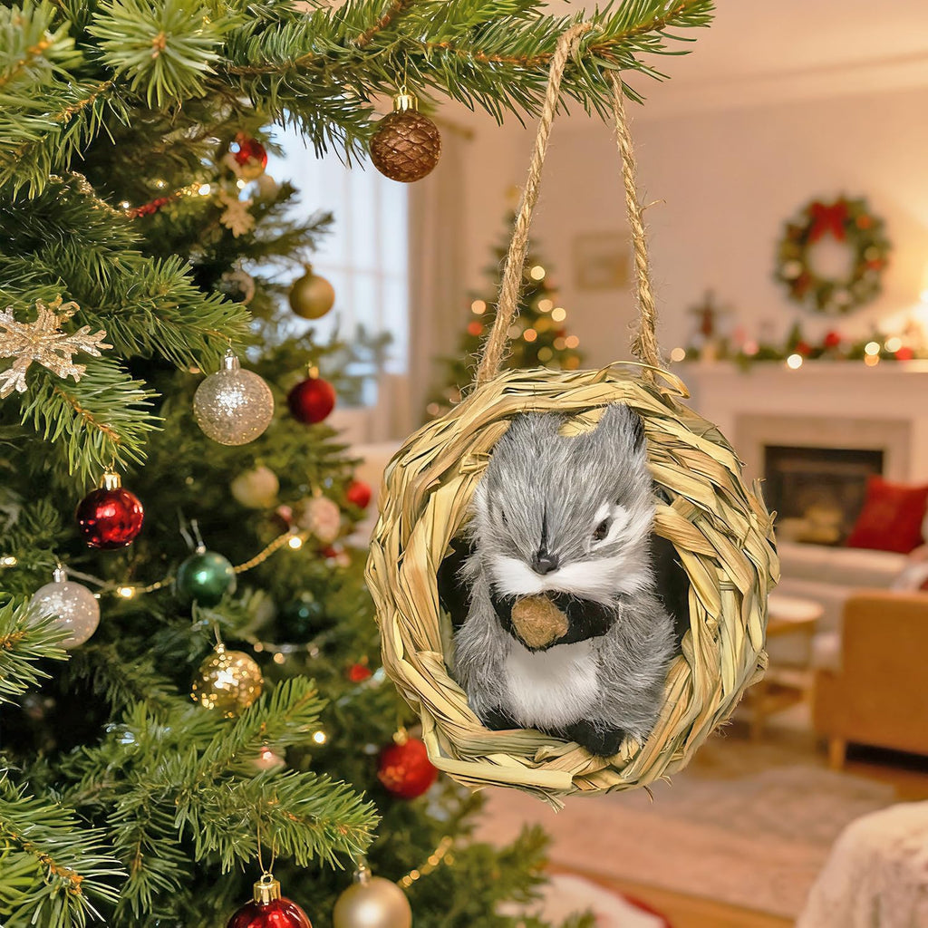 3D Forest Animals Ornaments for Christmas Tree Woodland Furry Animal Ornament Handmade Bird Nest with Plush Animal for Xmas Tree Faux Fur Animals Hanging Decoration (5" Nest & Grey Squirrel)