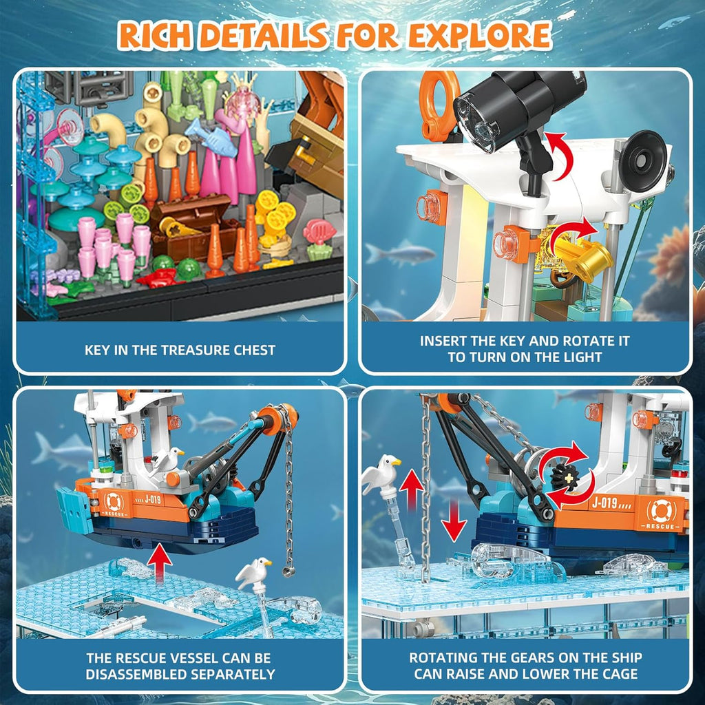 Fish Tank Building Set for Adults, 830PCS Deep Sea Aquarium Building Block Sets with Boat, Compatible with Lego, Education Toys with Shark and Jellyfish, Gift for Kids,Boys and Girls Age 14+