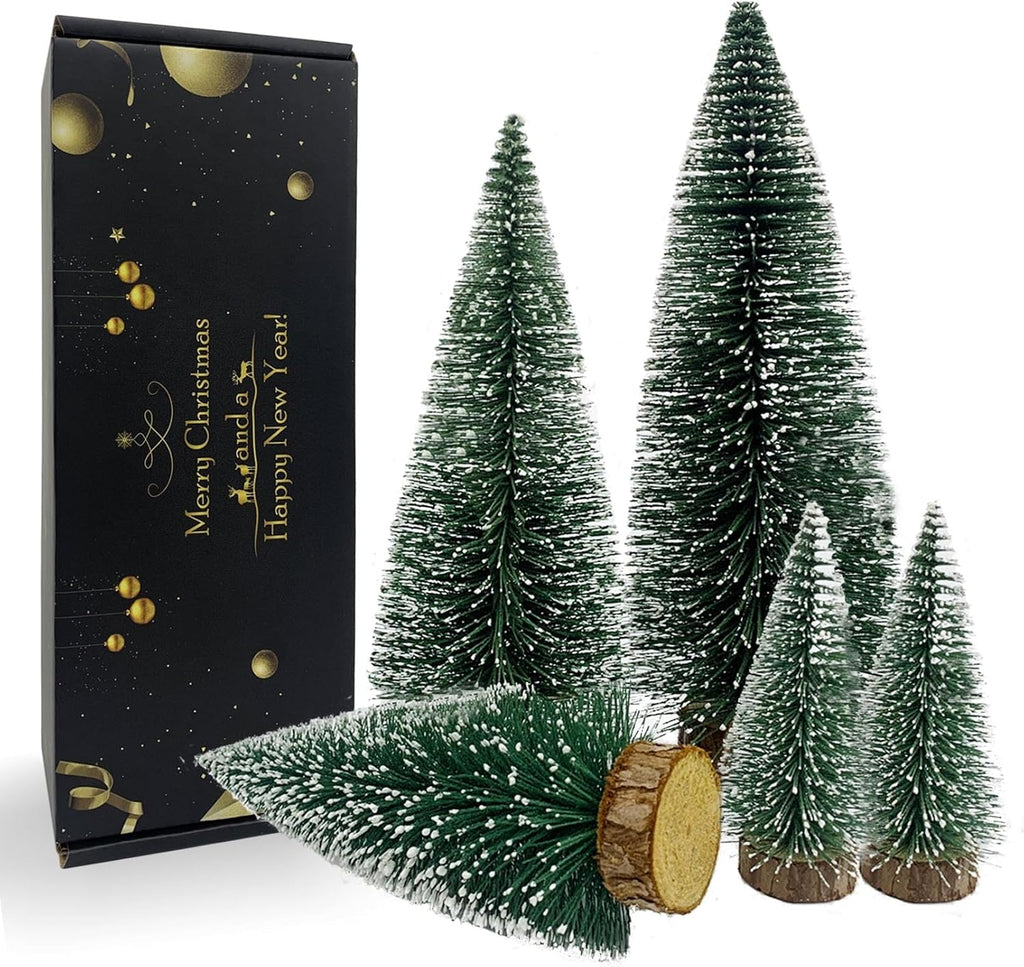 Desktop Miniature Christmas Trees Mini Pine Tree 5pcs with Snow and Wood Base for Xmas Holiday Party Home Tabletop Decor