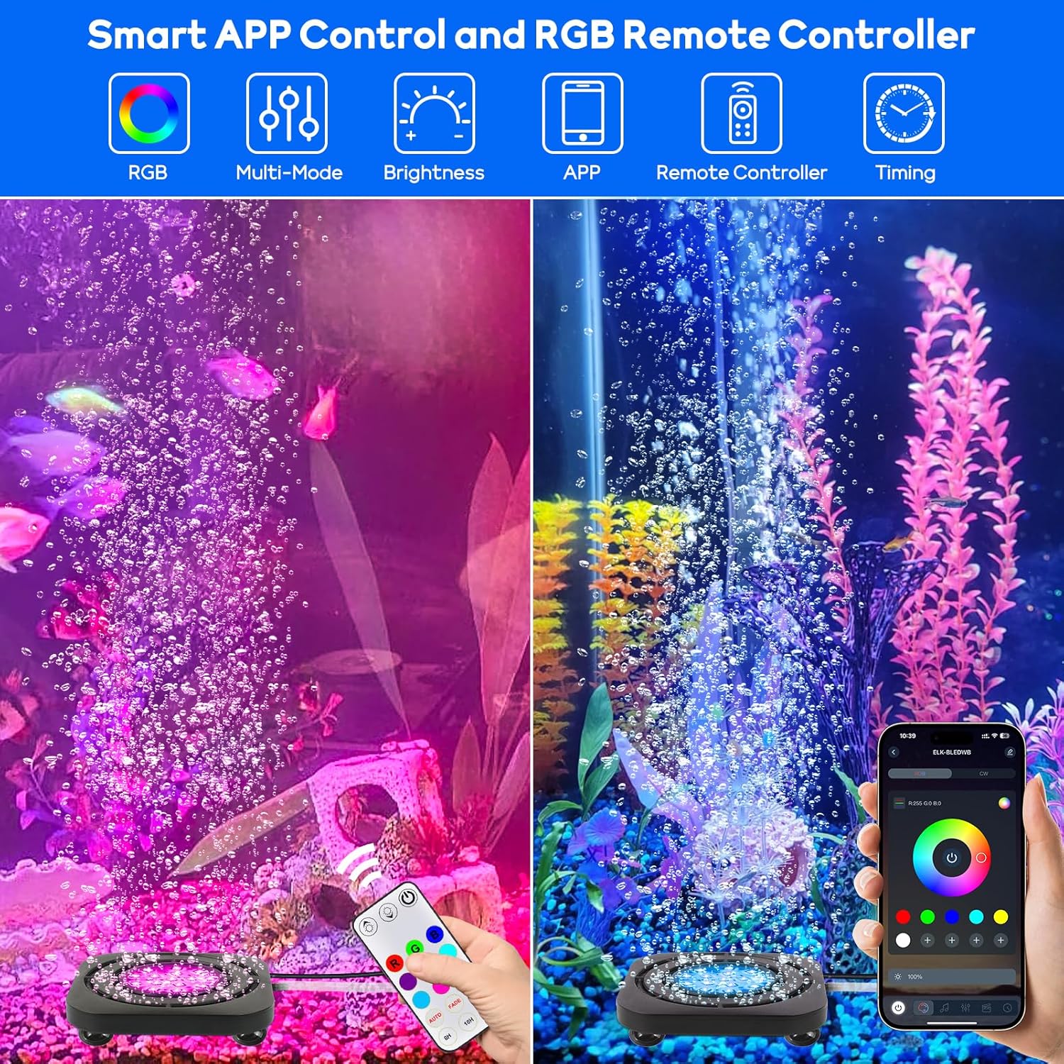 Submersible Fish Tank Decor Light: Aquarium Bubble LED Lights - IP68 Waterproof APP Remote Control 5050 RGB Color Changing Aquarium Decor Bubble Lamp for Fish Enthusiasts Aquatic Pets