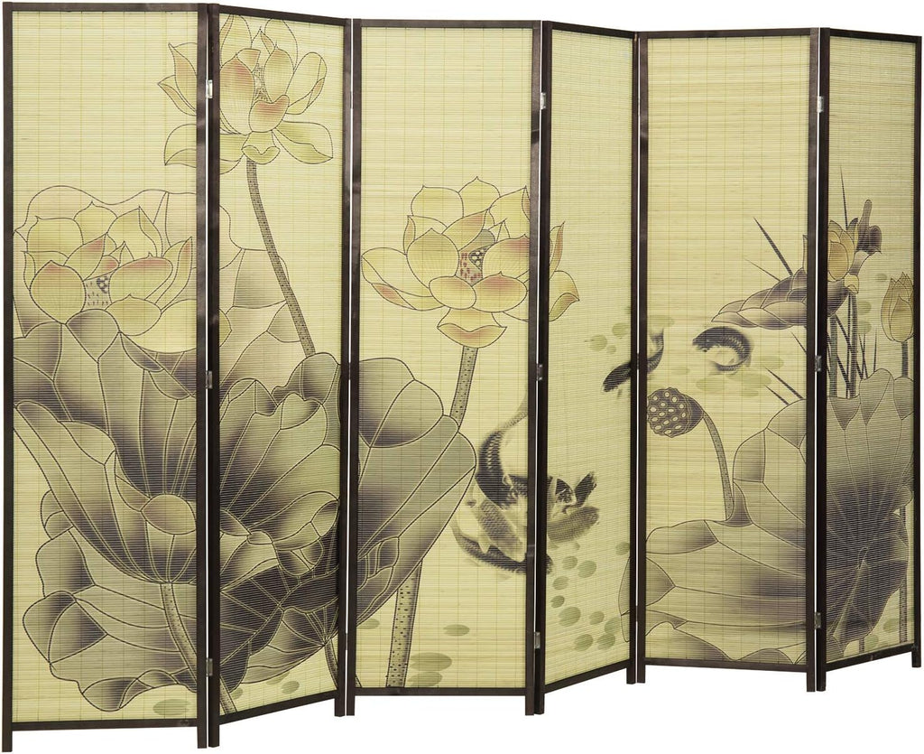 MyGift Decorative 6-Panel Folding Room Divider Bamboo Screen with Chinese Calligraphy Design, 6FT Freestanding Room Partitioner with Dark Brown Wood Frame 114.25''W x 70.75''H