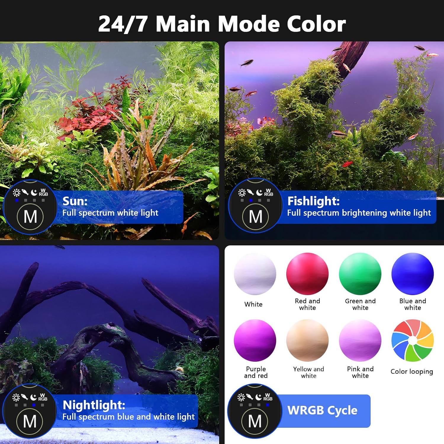 hygger New Mode 24/7 Timer LED Aquarium Light, Auto On Off Full Spectrum Fish Tank Light Fish Colorful/Sun/Nightlight/Wrgb Cycle Mode for Freshwater Plants Tank (for 45in~50in Long Tank)