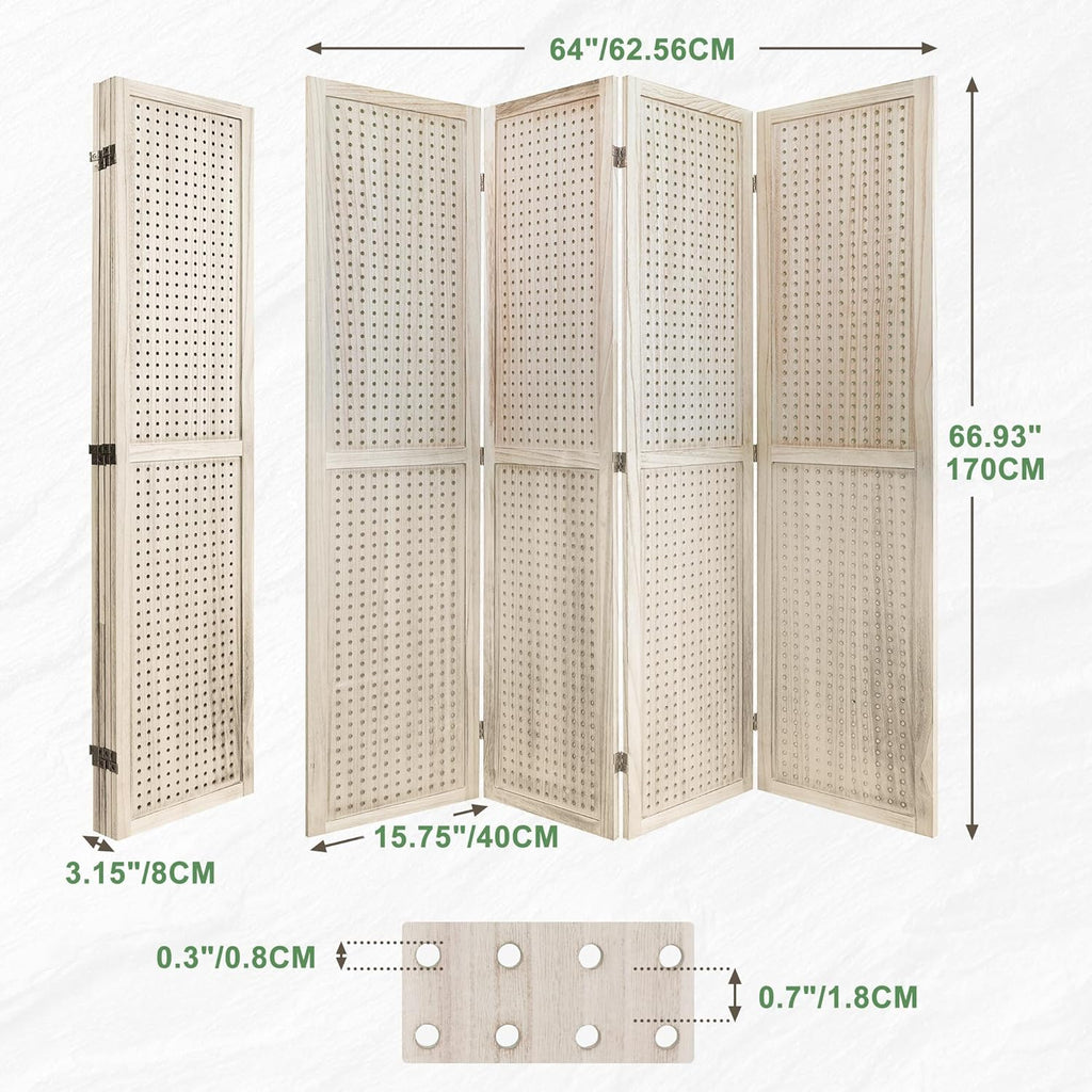 4 Panel Room Dividers 5.6FT Wall Divider with Freestanding Peg Board Display Wooden Folding Privacy Screen Foldable Partition Wall for Studio Apartment, Living Room, Natural Wood