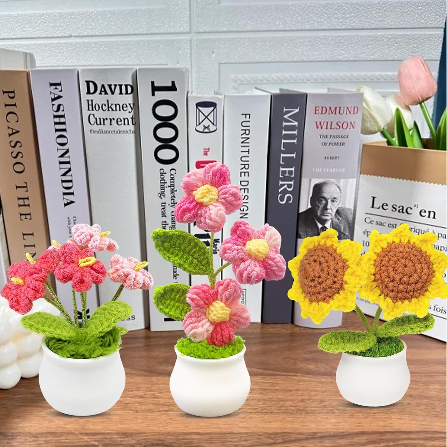 3pcs Crochet Flowers Cute Potted Flower,Mini Flower Bouquet for Mom Wife, Cute Desk Decor for Women,Artificial Handmade Flowers for Car Dashboard,Home Office Decoration (Color#1)