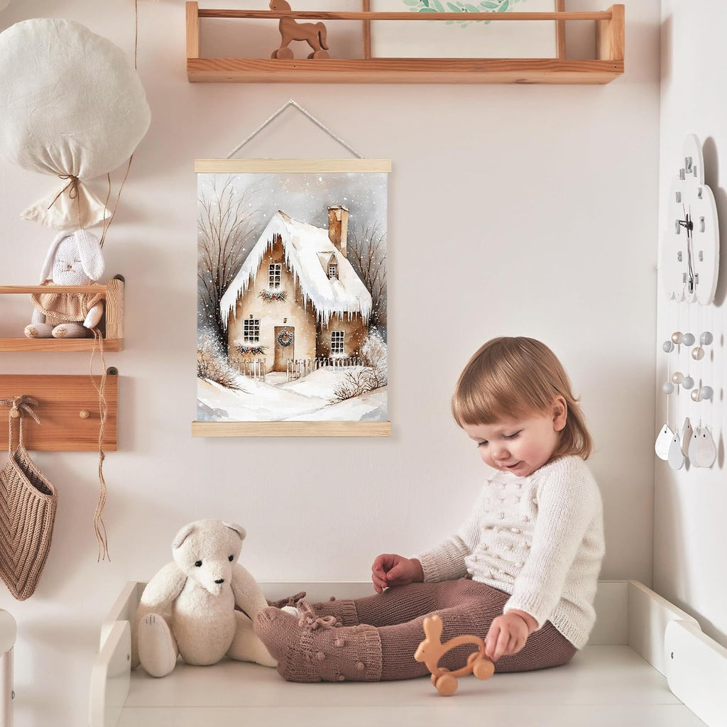FDHSPAAM Neutral Christmas Cottage Wall Art Decor, Vintage Christmas Decor, Cozy Winter Rustic Snow Covered Houses Wall Art Posters for Home Bedroom Living Room, 12x16 Inch