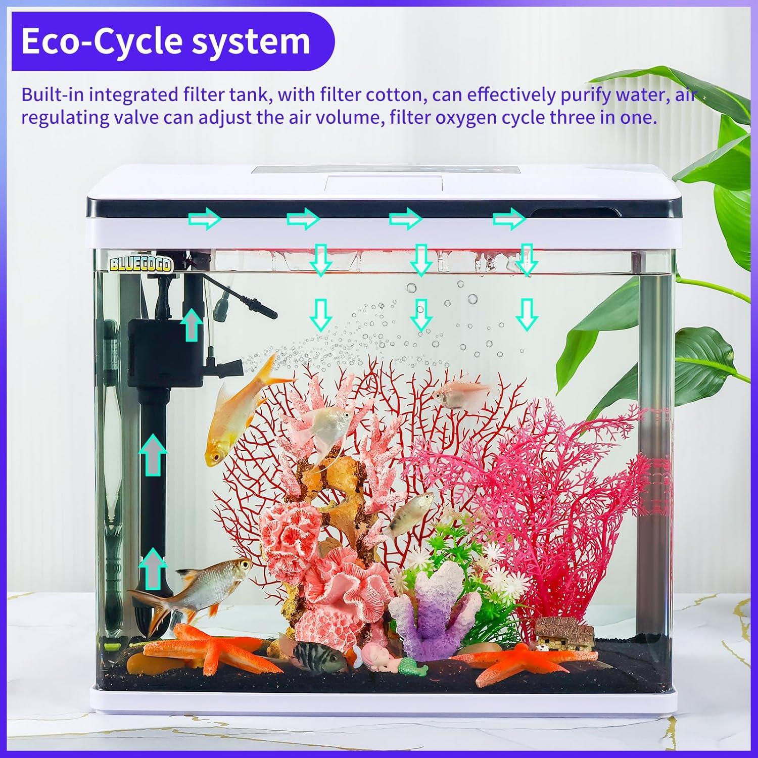 12 Gallon Fish Tank Starter Kit with Eco-Cycle Filtration, 7-Color LED Light & Air Pump. Features 360° Crystal View, Temp/Time Display, Quiet Aquarium Kit for Betta & Freshwater Fish.