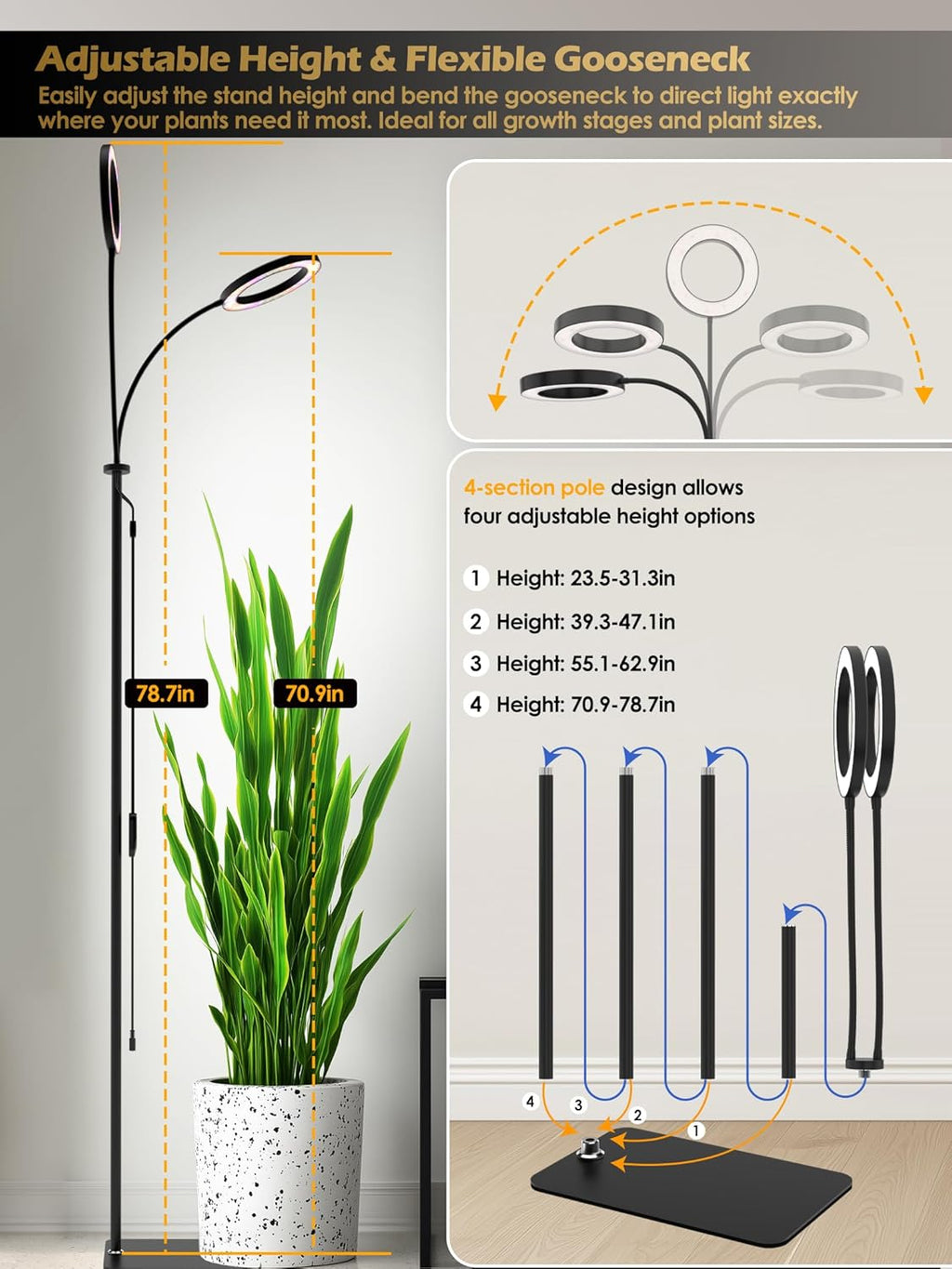 GLOWRIUM Grow Lights for Indoor Plants, Full Spectrum LED Grow Light, Stepless Dimming,3 Lighting Mode and Adjustable Height, Plant Light with 3/9/12/16H Timer (Black, 48W)