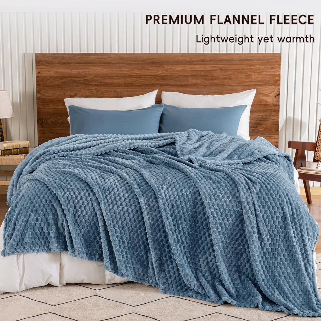 PHF Ultra Soft Flannel Fleece Blanket Twin Size, Lightweight 3D Jacquard Fleece Blanket, No Shedding, No Pilling, Luxury 340GSM Fluffy Cozy Bedding for Bed Room Decor, 66"x90", Denim Blue