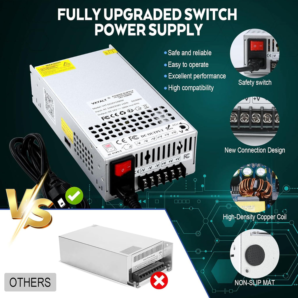 VAYALT 12V 100A 1200W DC Switching Power Supply, Universal Regulated Switching AC 110V/220V to DC 24V Transformer, Power Supply for Industrial, CCTV, Computer Project, LED Strip Light(No Power Cord)
