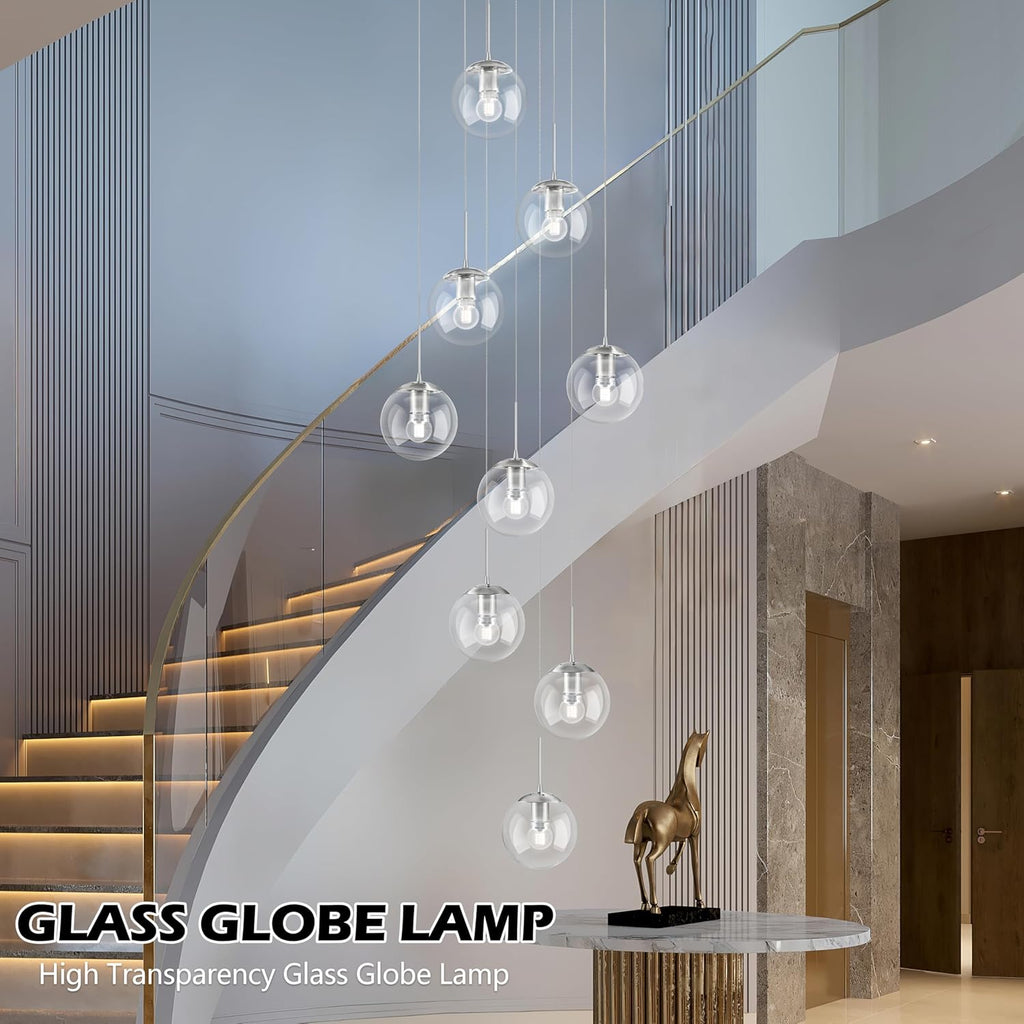 KoKo&Yukina 9-Light Globe Glass Pendant Light Adjustable Length Pendant Lights Fixtures Modern Nickel Clear Globe Glass Chandelier High Ceiling Lights Fixtures for Staircase (Bulb & Remote Incl.)