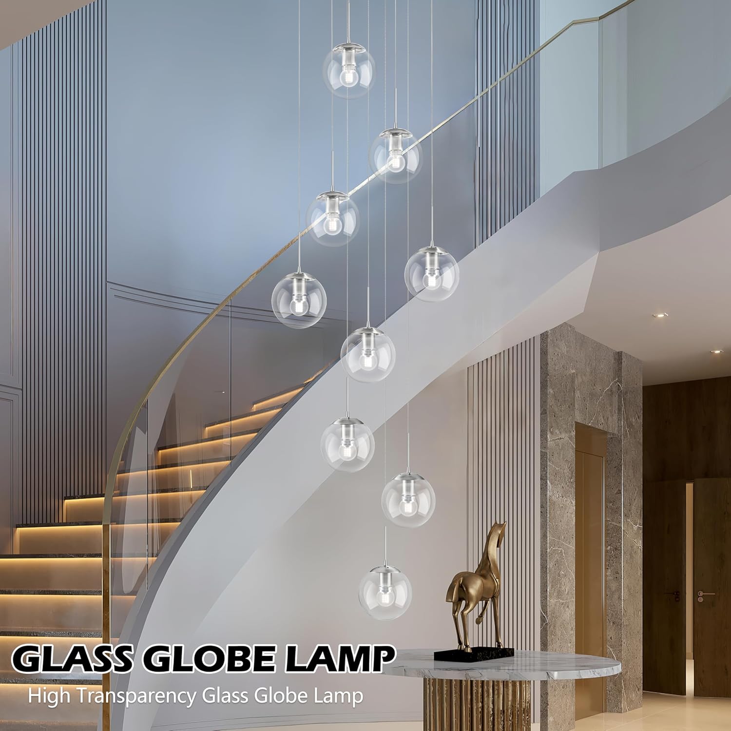 KoKo&Yukina 9-Light Globe Glass Pendant Light Adjustable Length Pendant Lights Fixtures Modern Nickel Clear Globe Glass Chandelier High Ceiling Lights Fixtures for Staircase (Bulb & Remote Incl.)
