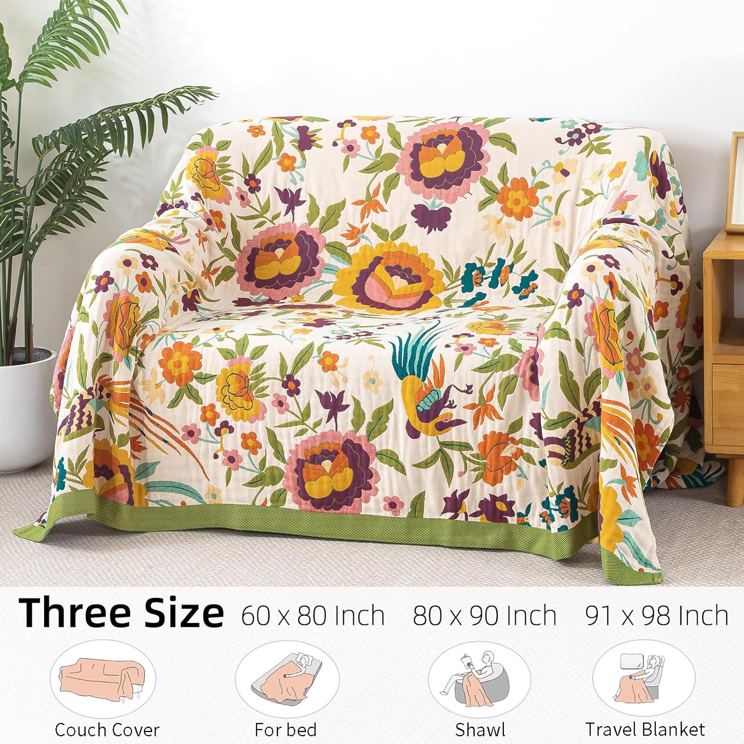Boho Throw Blanket for Bed - 100% Pure Cotton Ultra Soft Rustic Quilt - Farmhouse Decor Bed Blankets, All Season Rustic Throw for Sofa Couch Chair(60"×80", Boho Floral)