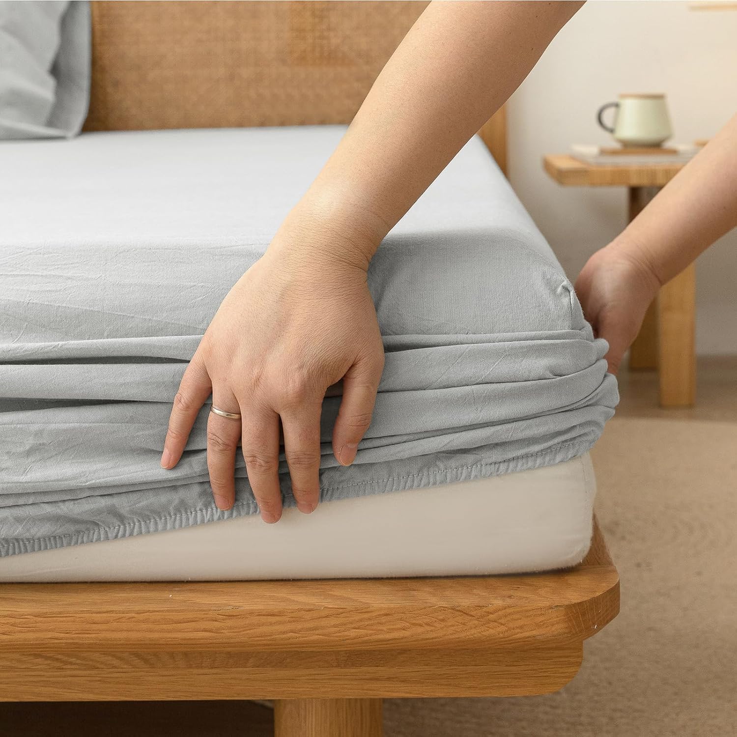 BESTOUCH Sheet Set 100% Washed Cotton Linen Feel Super Soft Comfortable Chic Lightweight 4 Pcs Home Bedding Set Solid Northern Droplet Grey Full