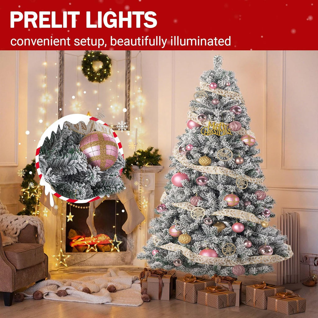 7FT Snow Flocked Christmas Tree, Premium Hinged Artificial Pine Xmas Tree with Metal Stand, 1200 Branch Tips for Lush Holiday Decor, Easy to Assemble & Perfect for Christmas Decoration