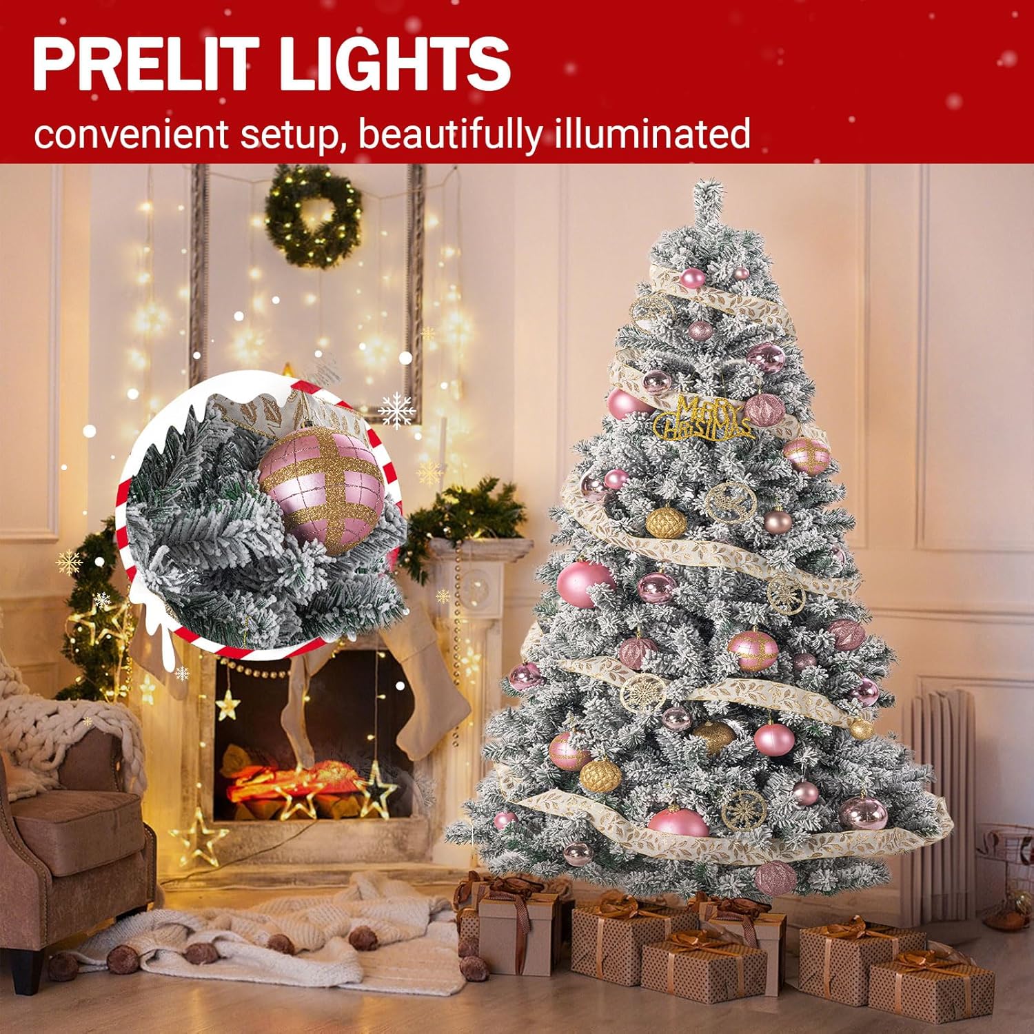 7FT Snow Flocked Christmas Tree, Premium Hinged Artificial Pine Xmas Tree with Metal Stand, 1200 Branch Tips for Lush Holiday Decor, Easy to Assemble & Perfect for Christmas Decoration