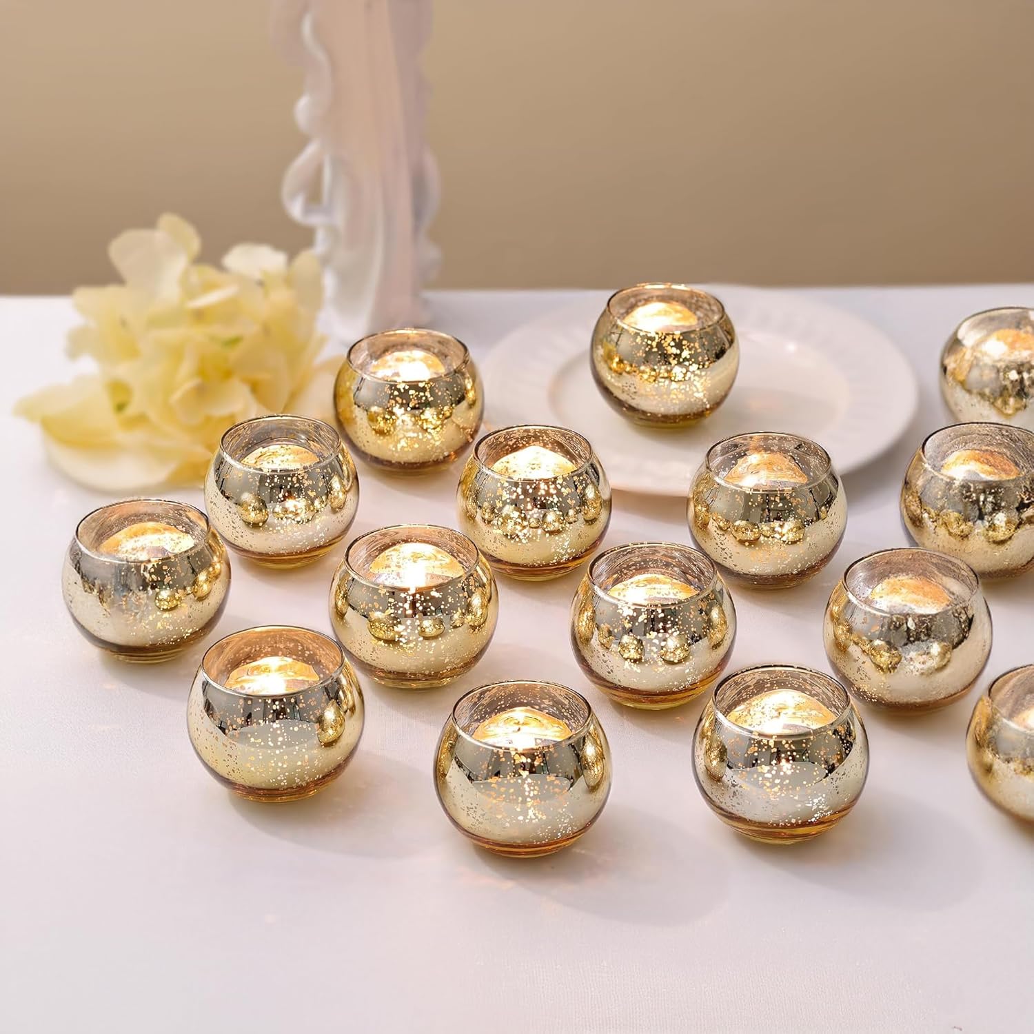 WGVI 24 Pcs Gold Speckled Glass Tea Light Votive Candle Holders, Width 3", Height 2.5", Small Globe Bubble Bowl Round Vase, Mercury Votive Tabletop Décor