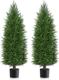 4FT Artificial Topiary Cedar Plants Outdoor, Faux Pine Trees UV Resistant and Potted, 48 Inch Tall Fake Shrubs Evergreen for Front Porch Decor Set of 2