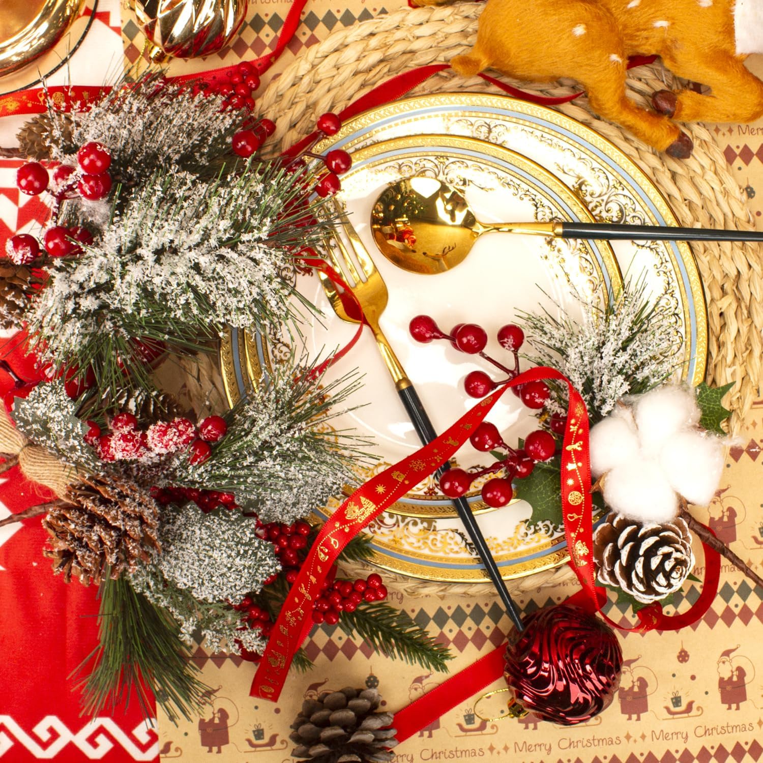 Artificial Pine Picks Christmas Pine Picks Pine Needles Branches with Red Berry Pinecones Berry Branches Fake Berries for Flower Arrangements Wreaths Holiday Xmas Tree Decoration