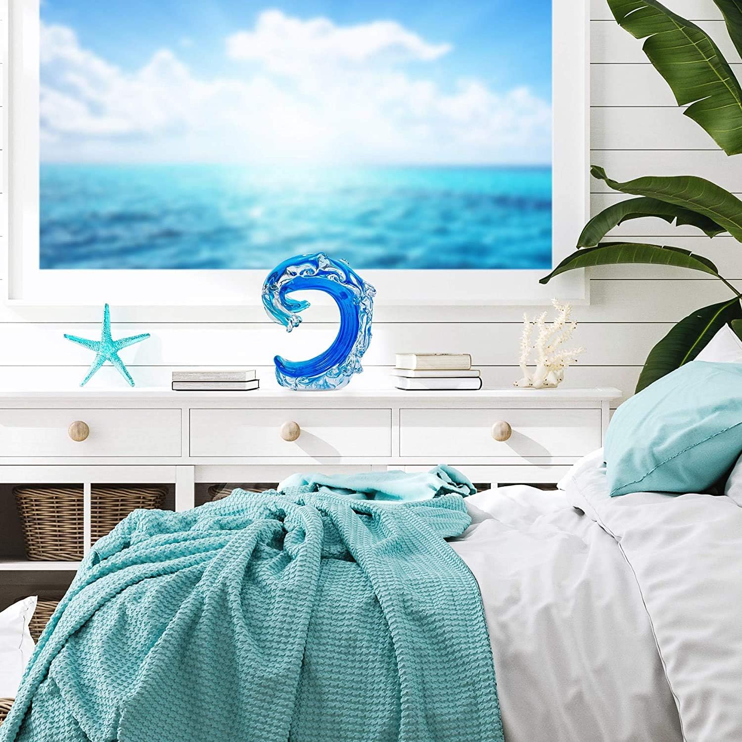 Beachcombers Rolling Ocean Coastal Table Top Nautical Decor Decoration Glass Art Blue