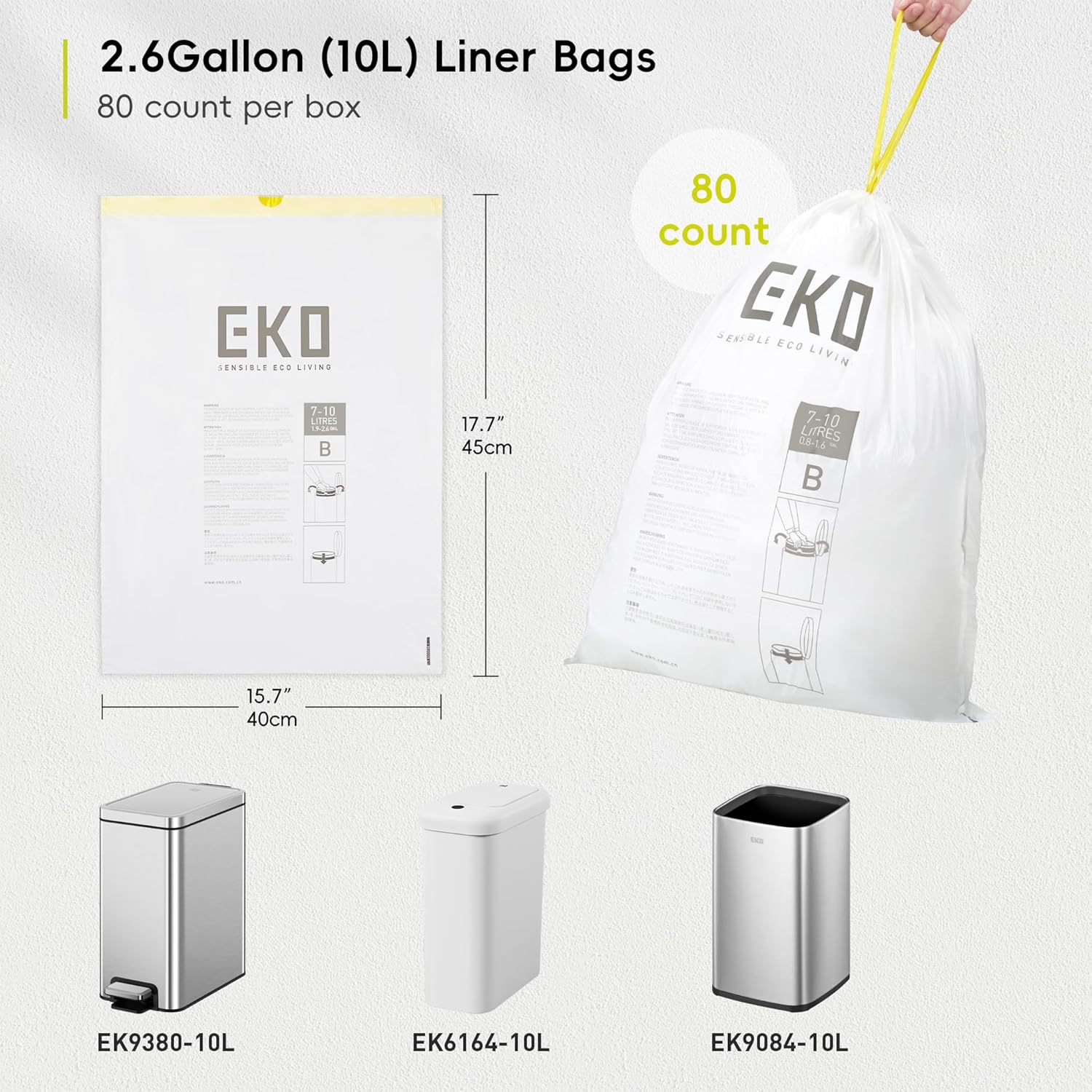 EKO 2.6 Gallon / 7-10 Liter, 80 Count Small Drawstring Trash Bags, Extra-Strong Unscented Garbage Bags, Easy-Dispense Roll for Kitchen & Household Use, Resists Tears, Leaks and Punctures, Code B White