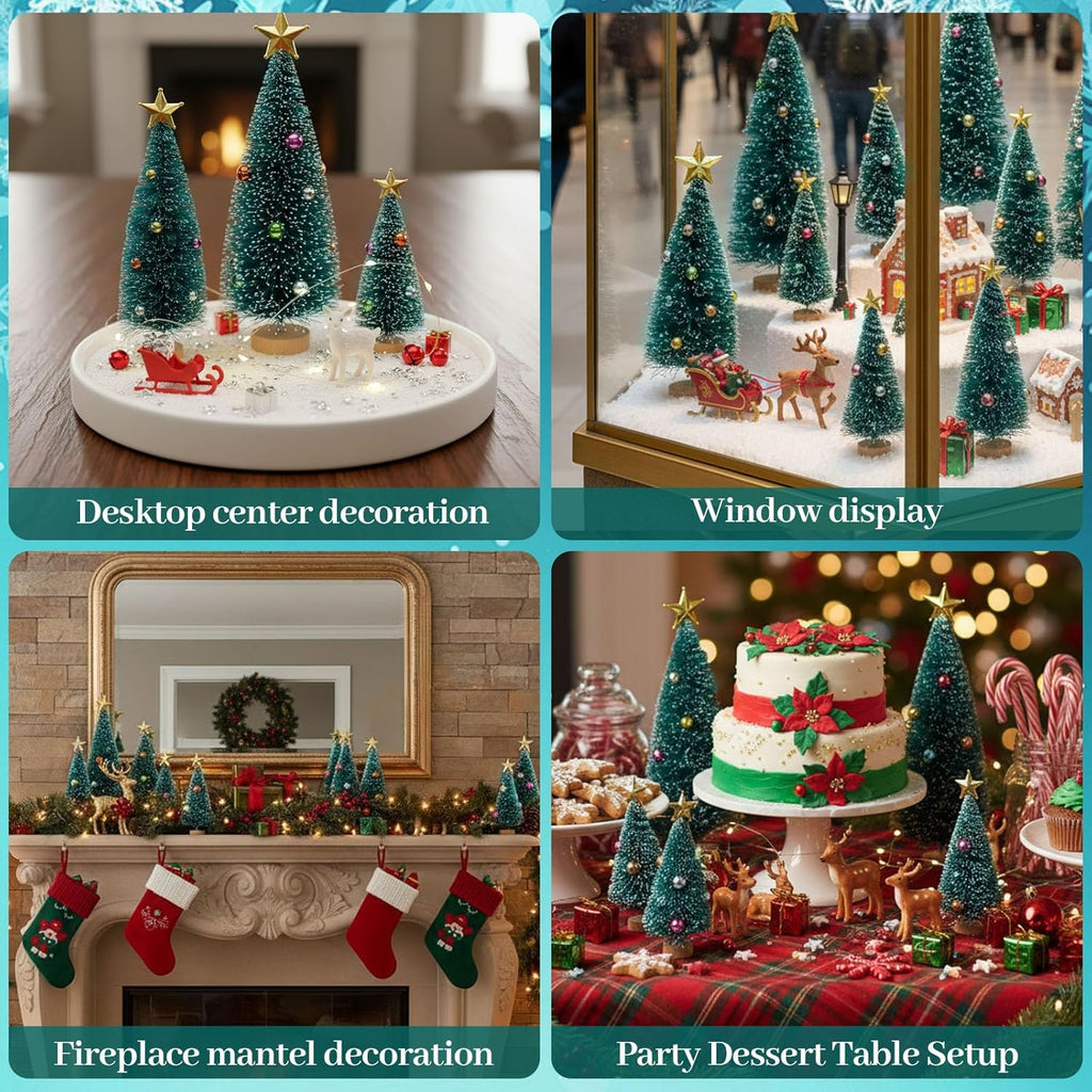 LOVEINUSA Mini Christmas Trees with Ornaments, 9PCS Sisal Snow Frost Trees with Wood Base for Table Top Decoration and DIY Diorama Models