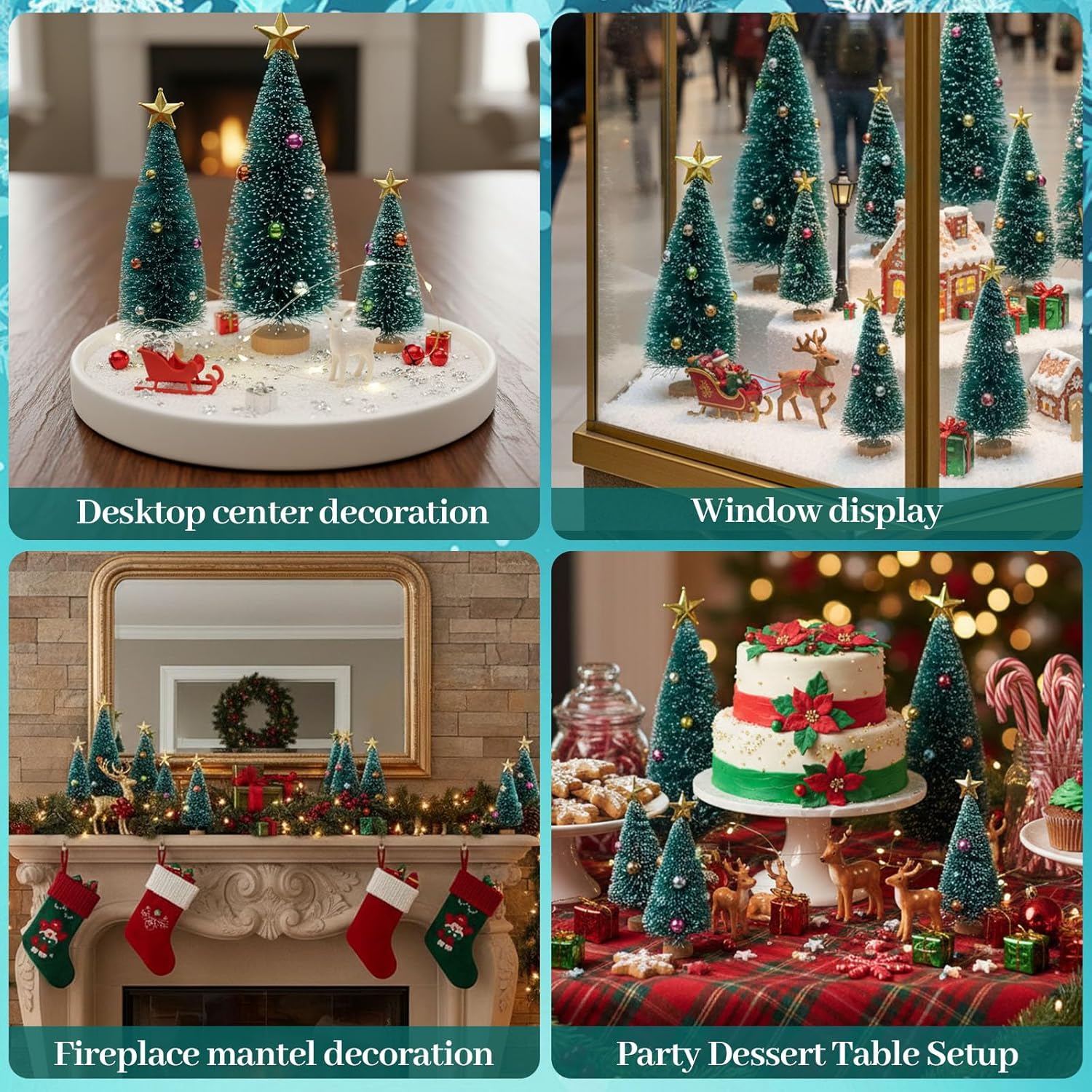 LOVEINUSA Mini Christmas Trees with Ornaments, 9PCS Sisal Snow Frost Trees with Wood Base for Table Top Decoration and DIY Diorama Models