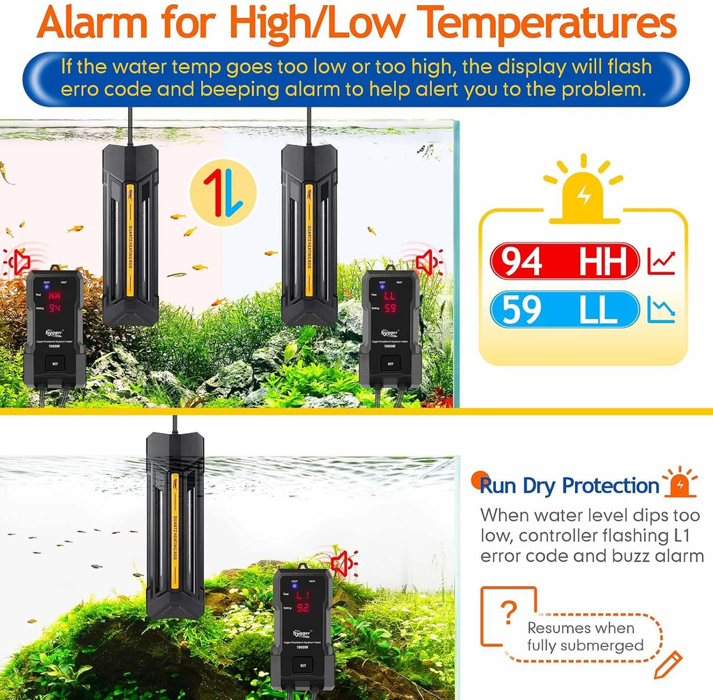 hygger 1200W Aquarium Heater with Controller, Adjustable & Submersible Fish Tank Heater with Digital Display Safety Triple Protection Beeping Alarm for Saltwater and Freshwater 160-280 Gallon