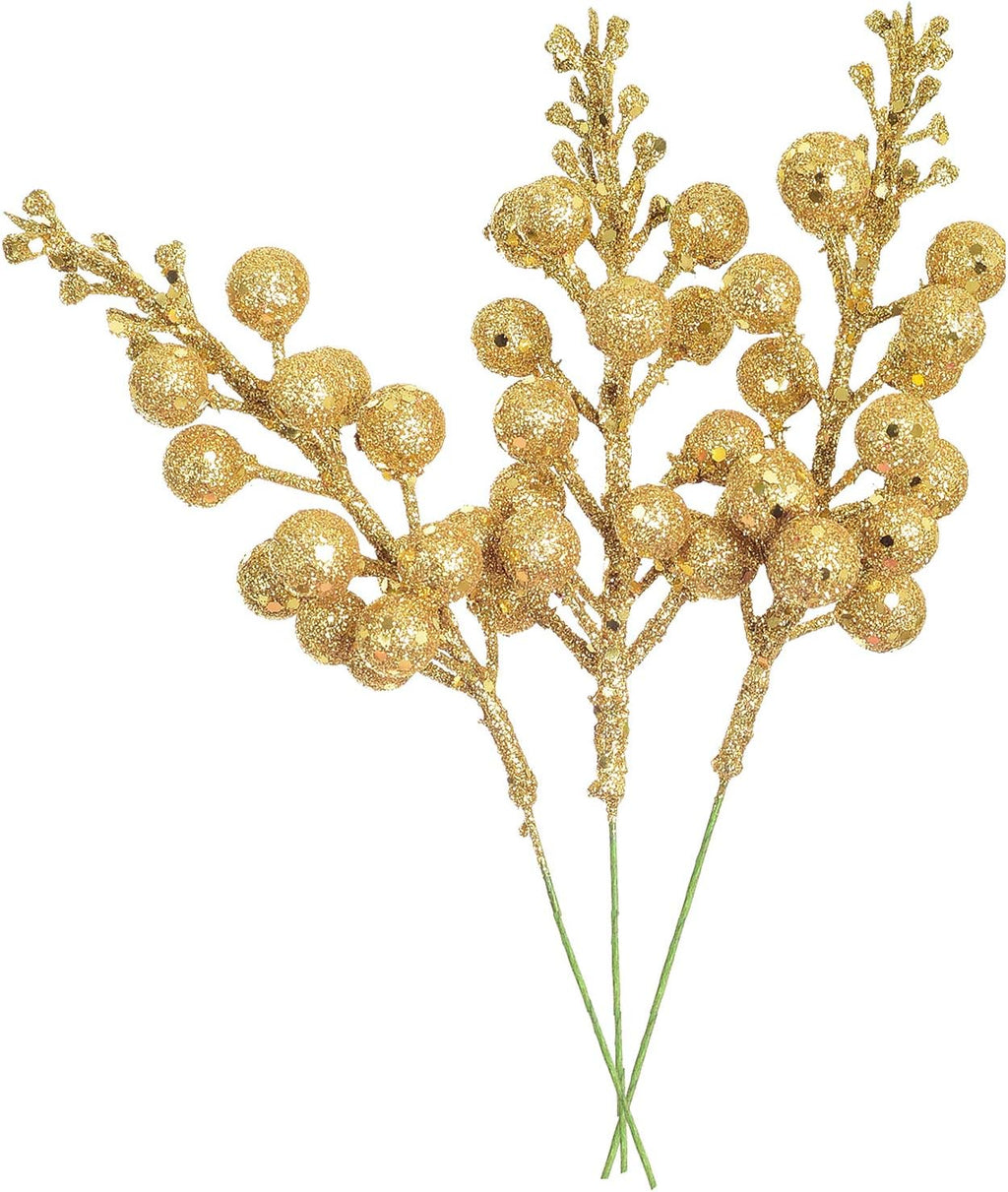14 Pack Christmas Glitter Berries Stems, 7.8Inch Artificial Christmas Picks for Christmas Tree Ornaments, DIY Xmas Wreath, Crafts, Holiday and Home Decor, Gold