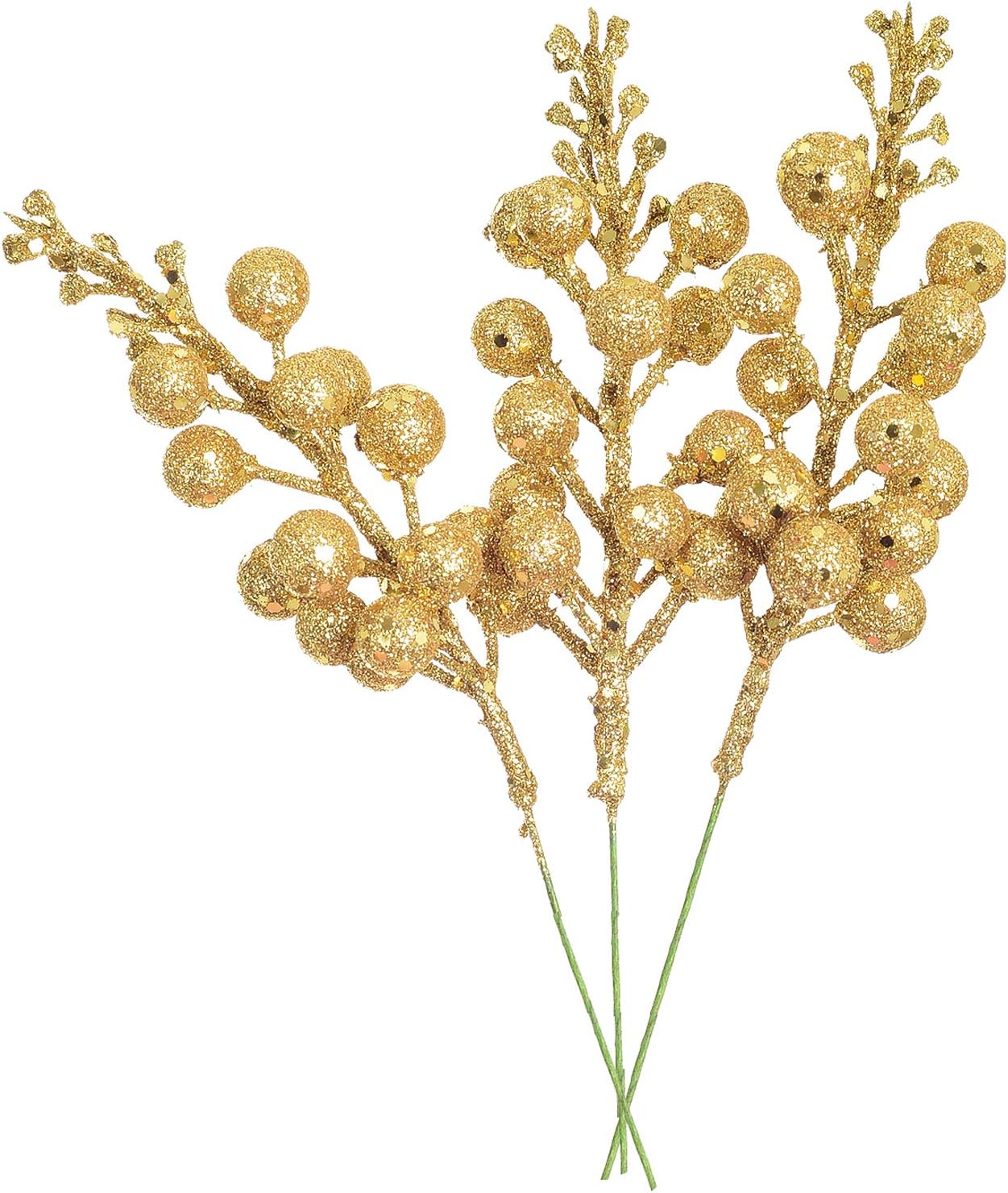 14 Pack Christmas Glitter Berries Stems, 7.8Inch Artificial Christmas Picks for Christmas Tree Ornaments, DIY Xmas Wreath, Crafts, Holiday and Home Decor, Gold