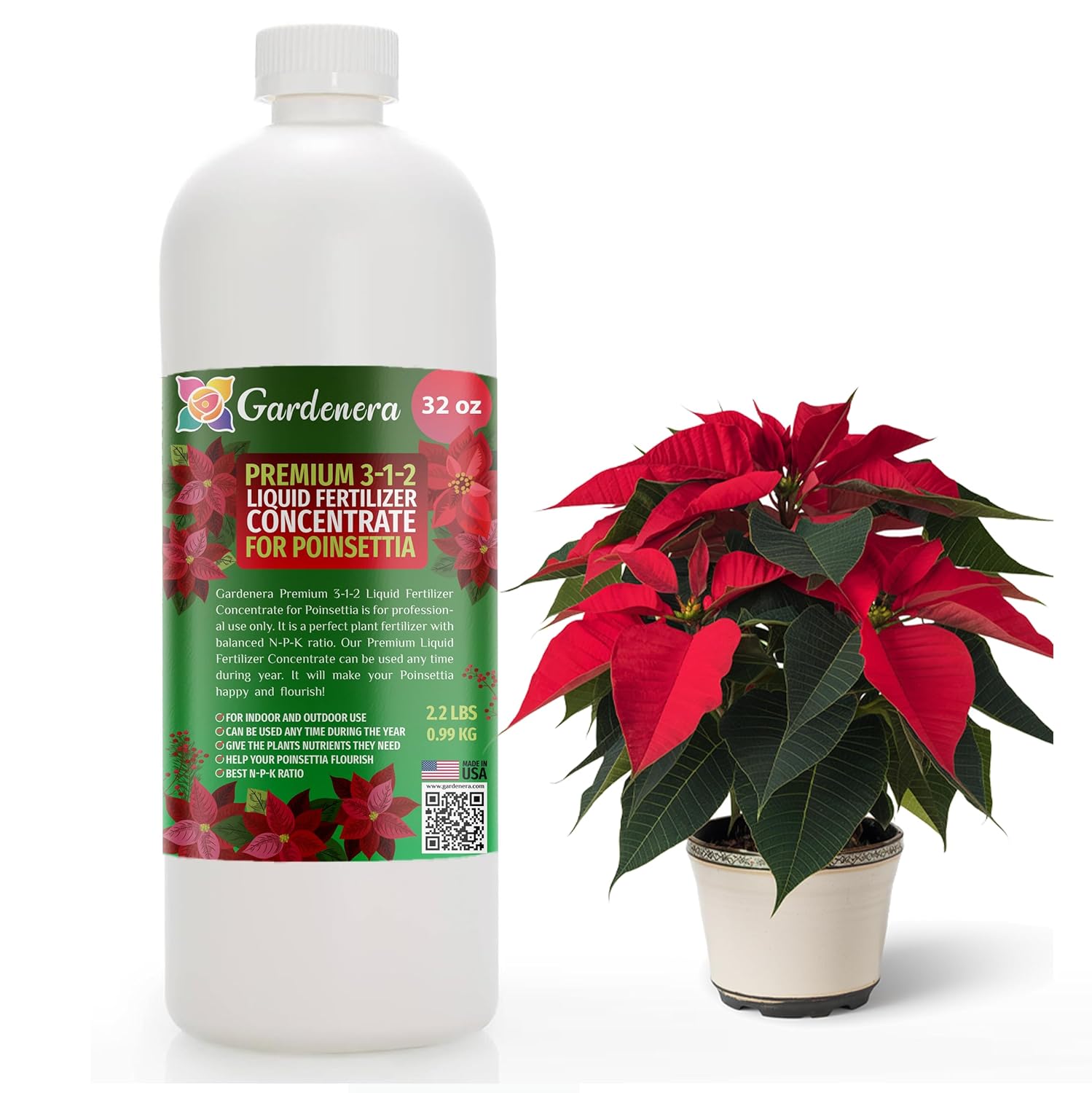 Gardenera Poinsettia Plant Fertilizer - 3-1-2 NPK - Organic Liquid Plant Food for Christmas Flowers and Trees - 32oz Concentrate