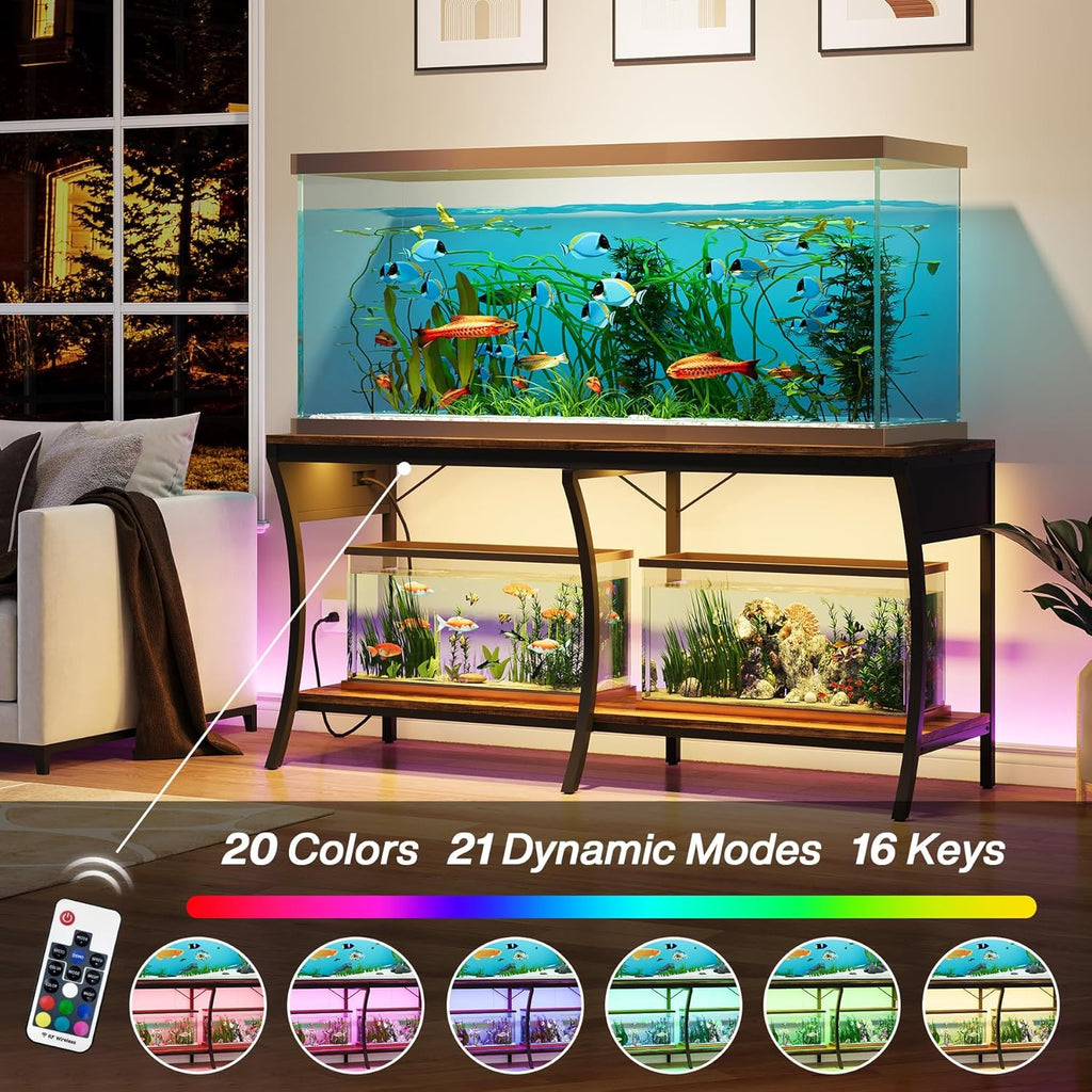 55-90 Gallon Fish Tank Stand with Power Outlets, 2-Tier Aquarium Stand with LED Light Strip & Open Storage Shelves, Heavy Duty Metal Table for Reptile Tank, 1150 LBS Capacity