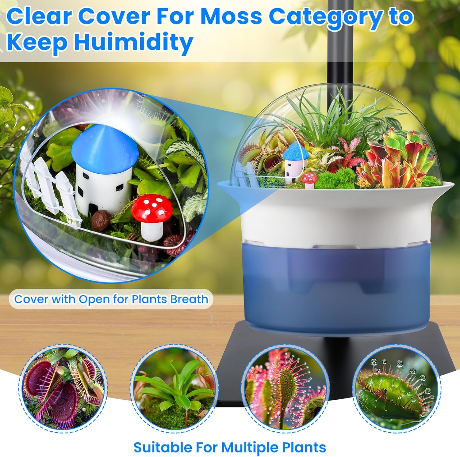 Smart Venus Fly Trap Terrarium Kit with Grow Light Timer & Metal Stand, African Violet Pots Self Watering Planter for Cactus,Herbs,Carnivorous Plants, Christmas Birthday Gifts for Women Garden Lover