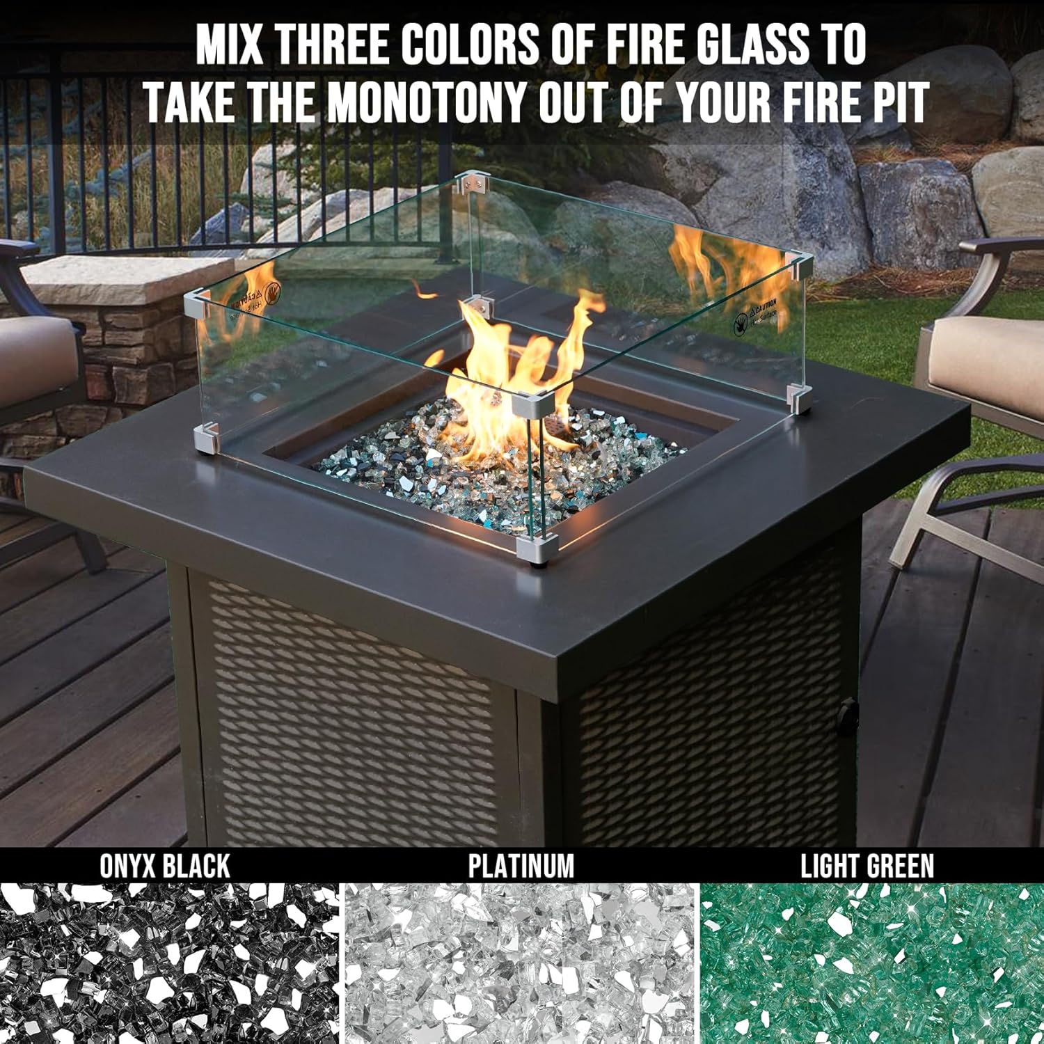 Skyflame 10-Pound Blended Fire Glass for Fire Pit Fireplace Landscaping - 1/4 Inch Reflective Tempered Fireglass Onyx Black, Platinum, Light Green