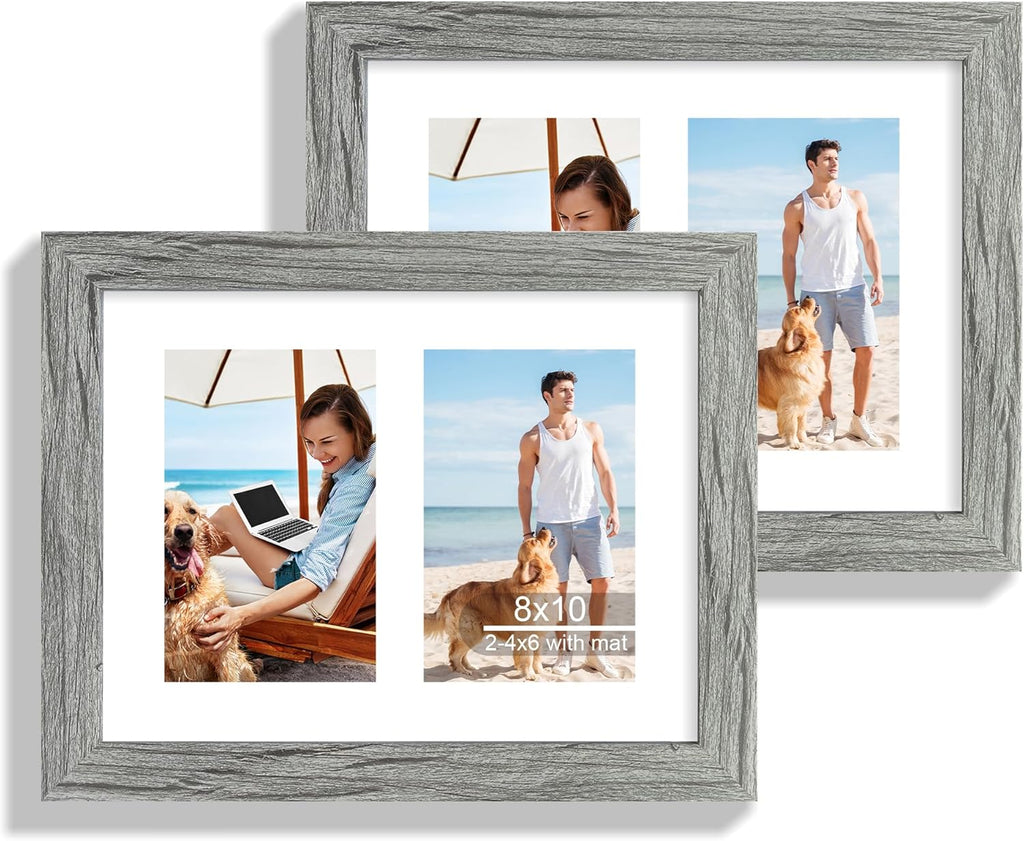 8x10 Picture Frame Set of 2, Grey Wood Frame with Glass Collage Frame, Display Pictures Two 4x6 With Mat or 8 x 10 Without Mat - Horizontal or Vertical Wall Mounting