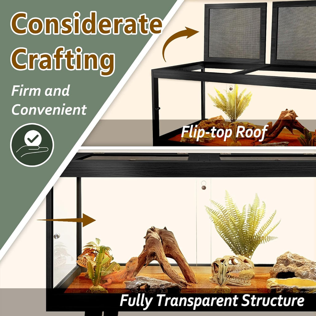 PROLEE Tempered Glass Reptile Enclosure with Leg,24“ Scratch-Proof Bearded Dragon Tank,28 Gallon Lizard Tank with Metal Mesh Tops and Lockable Door,Spacious Reptile Habitat for Snake,Tortoises (Black)