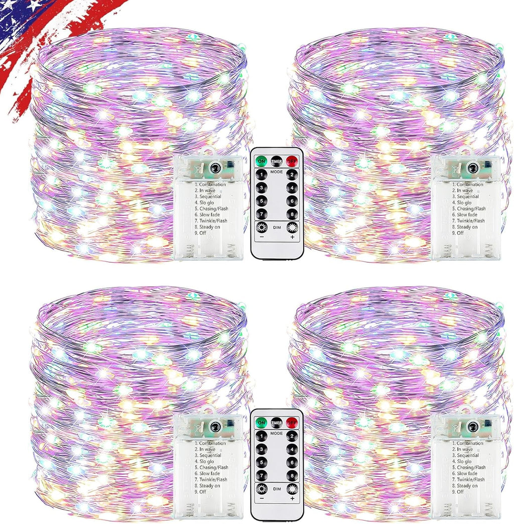 4 Pack Multicolor Fairy Lights Battery Operated with Remote, Waterproof 20FT 60LED Cuttable Twinkle Lights with Timer Indoor Outdoor, String Light for Bedroom, Classroom, Wedding, DIY, Christmas Décor
