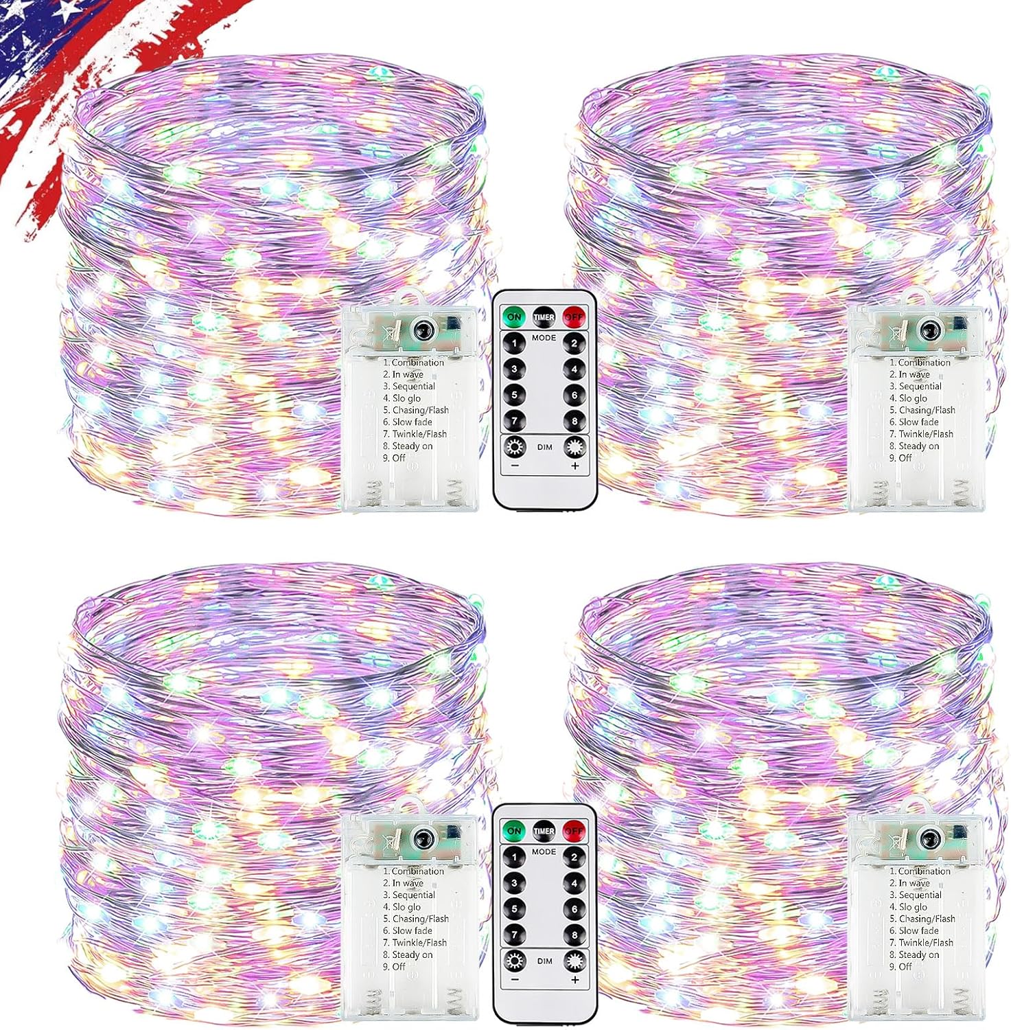 4 Pack Multicolor Fairy Lights Battery Operated with Remote, Waterproof 20FT 60LED Cuttable Twinkle Lights with Timer Indoor Outdoor, String Light for Bedroom, Classroom, Wedding, DIY, Christmas Décor