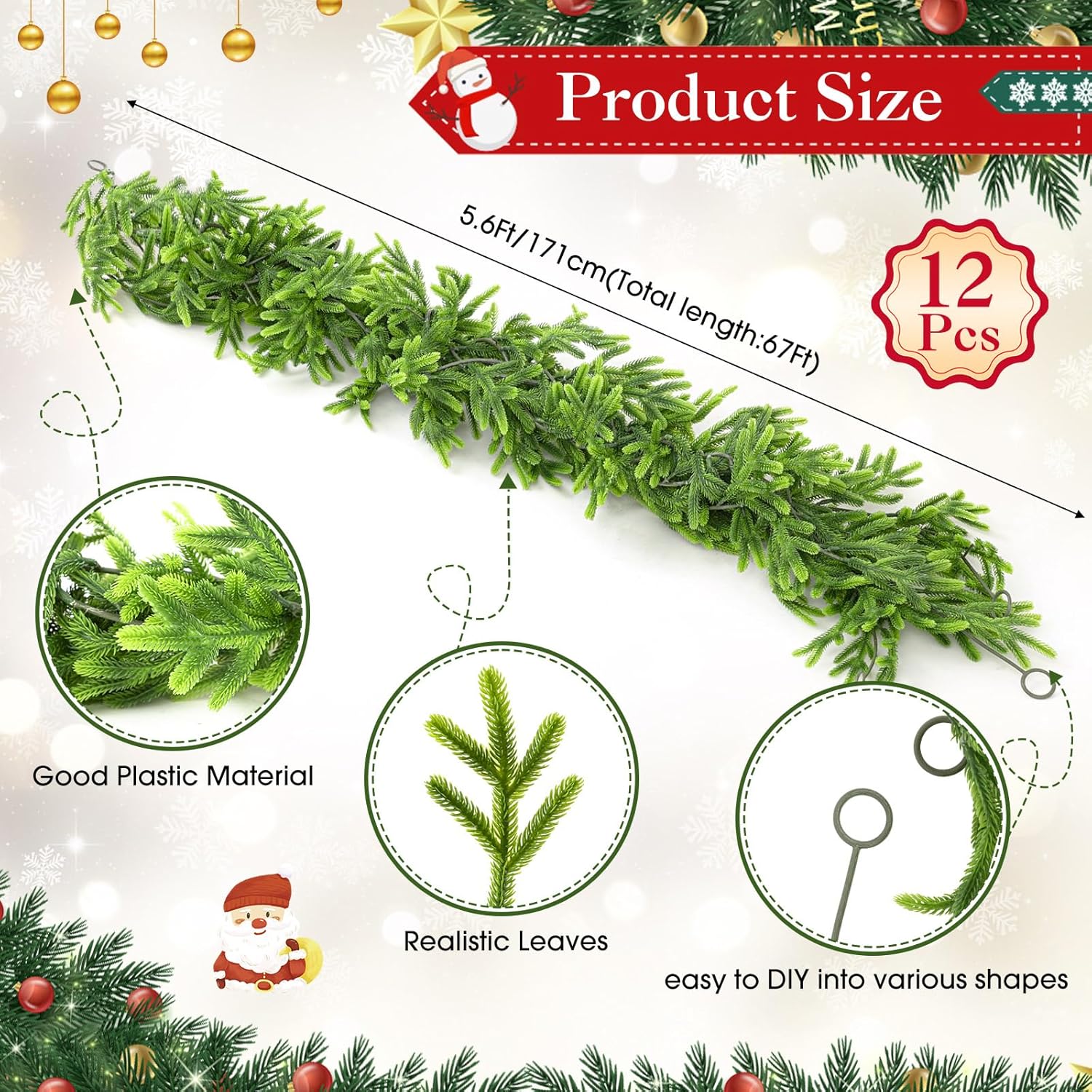 12 Pcs 5.6ft Artificial Christmas Garland Faux Norfolk Pine Garlands Realistic Leaves Hanging Greenery Plant for Christmas Table Fireplace Wall Mantle Indoor Xmas Decor