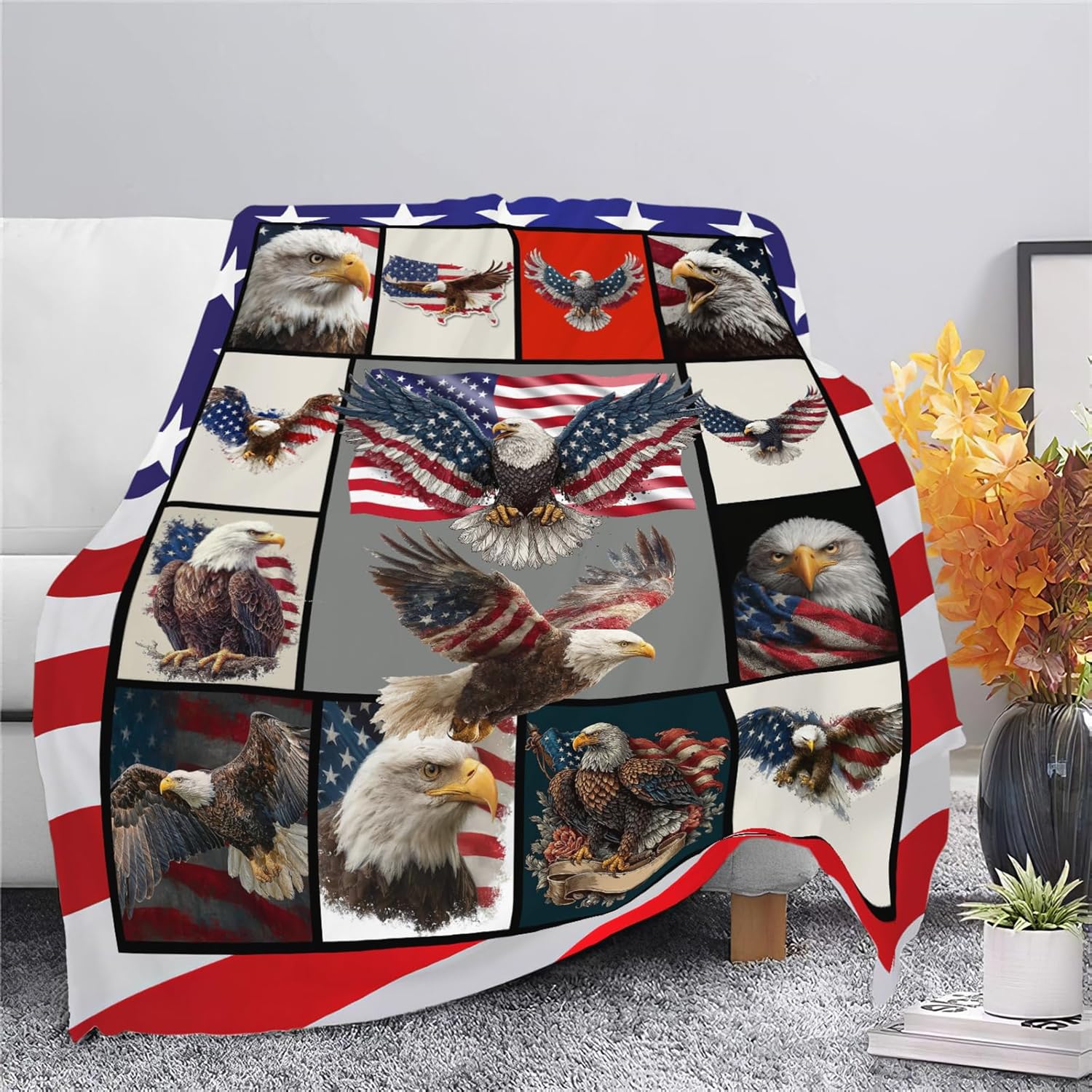 Eagle Throw Blanket American Flag Bald Eagle Stuff Gifts for Kids Girls Boys Adults Women Men Soft Cozy Warm Plush Fluffy Fuzzy Fleece Blanket Decor 50''X60''