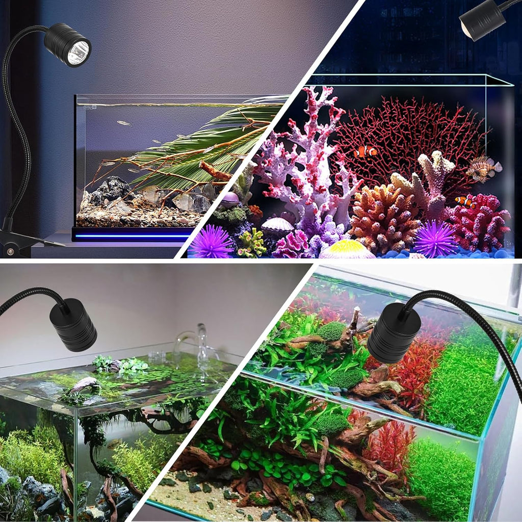 Clip-on Aquarium Light, 4W Full Spectrum LED Fish Lamp with 3-Color Button Control, for Fish Tanks, Plants, Terrariums, Coral