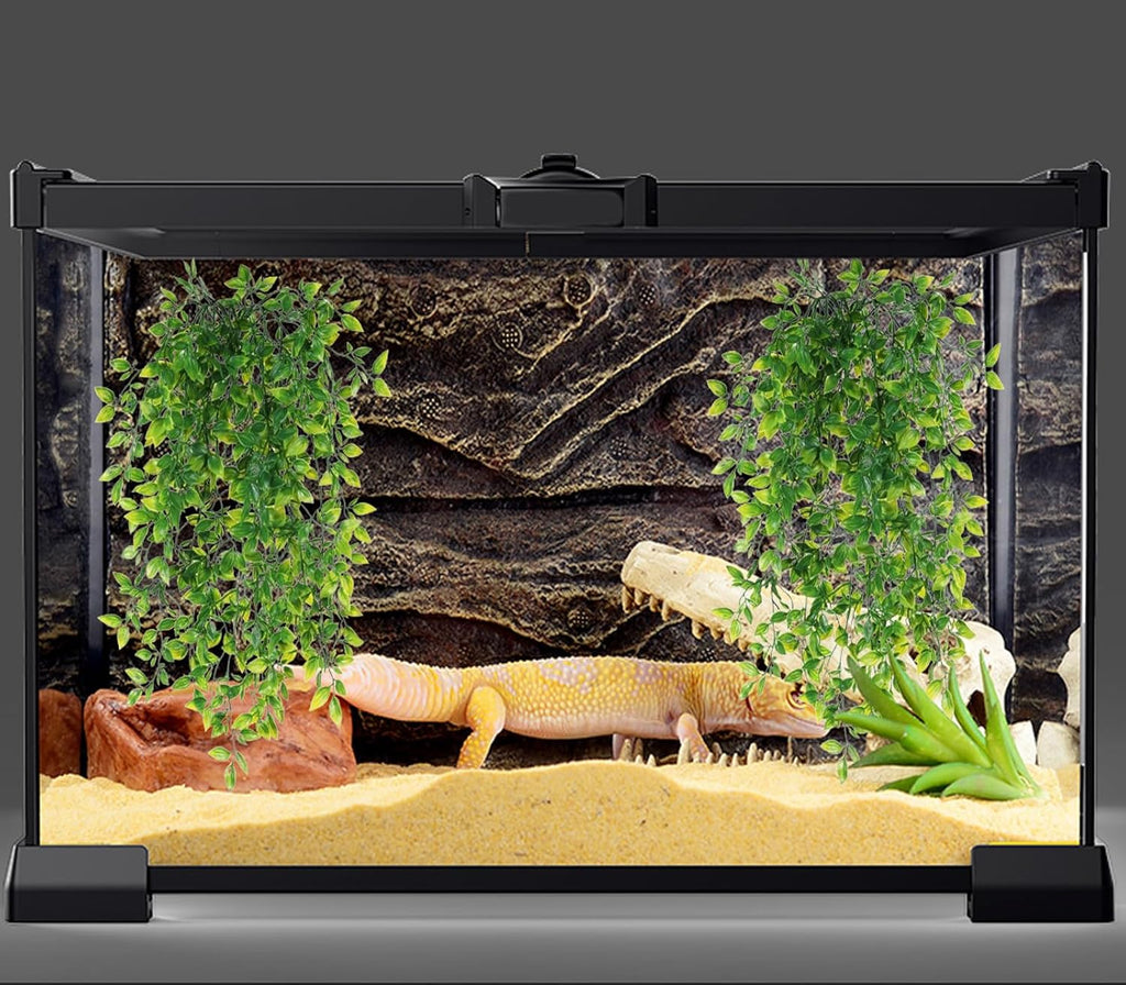 HERCOCCI Reptile Plants, 4 Pack Terrarium Hanging Plants Vines Artificial Leaves Habitat Decorations with Suction Cup for Bearded Dragon Hermit Crab Lizard Snake Geckos Chameleon