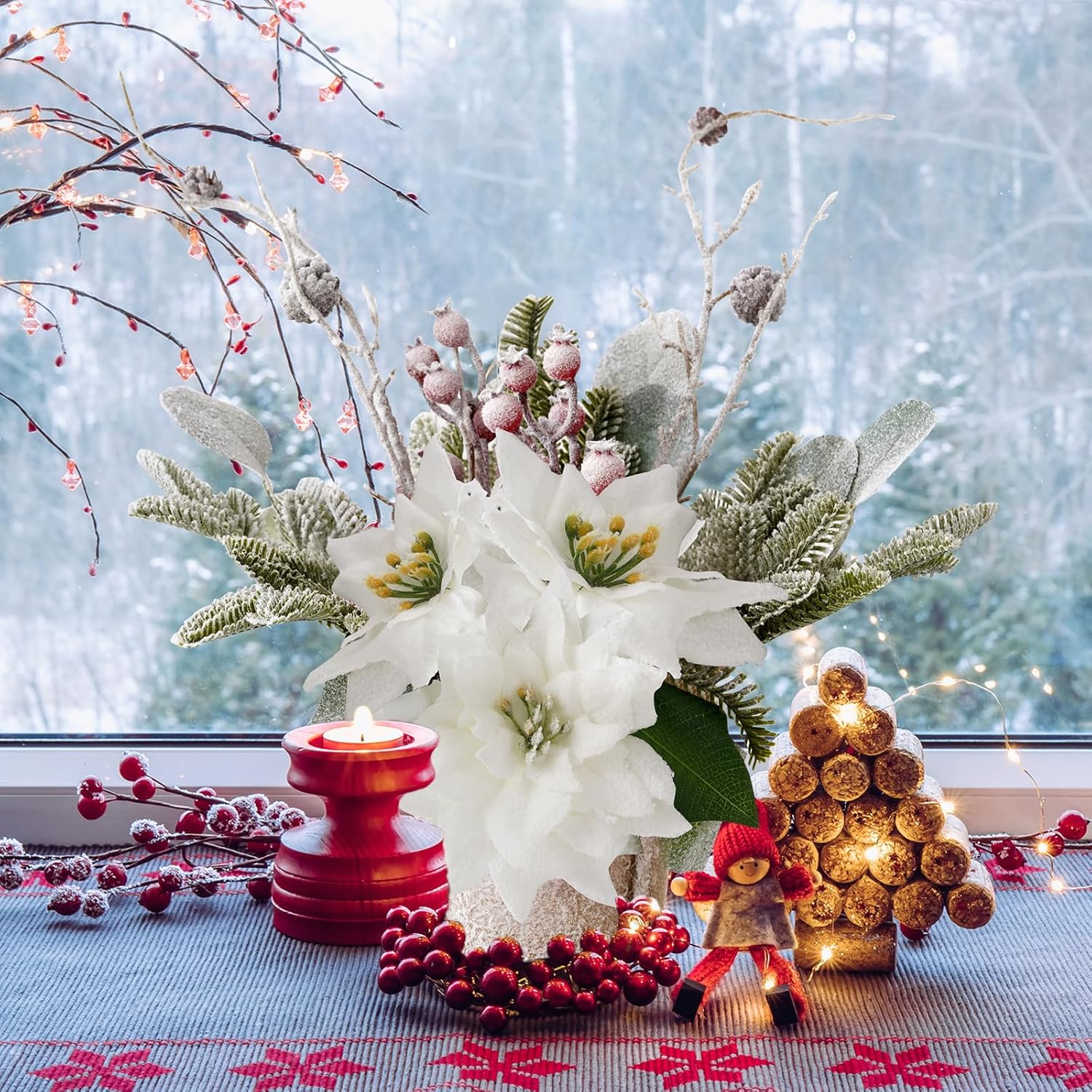 Artificial Poinsettias Christmas Flowers with Red Berry Pine Cone Branches Linen Base,12” Faux Poinsettias Plants for Home Office Table Fireplace Winter Indoor Christmas Decorations White