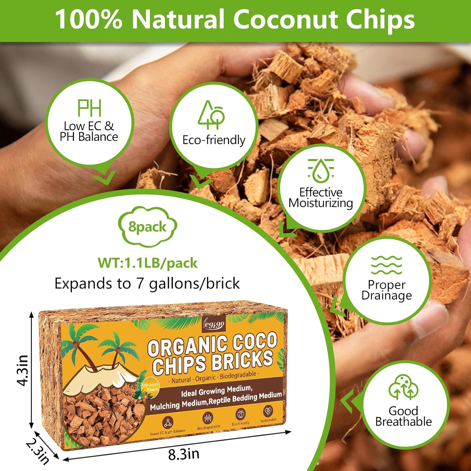 Legigo 8 Pack Coco Coir Chips for Plants- 8.8 LB 100% Organic Coconut Chips Brick Potting Mix with Low EC & PH Balance, Coconut Husk Substrate Coco Husk Mulch for Garden, Planting, Orchid and Soil Mix