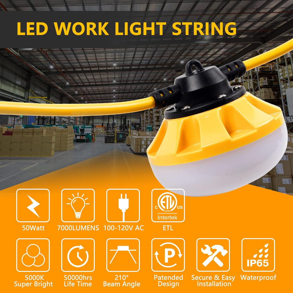 50FT Construction String Lights LED Industrial Grade Best for Construction Sites, Renovation, Walkways,Patio，Mine cave, Outdoor, and Other Outdoor Lighting Solutions Use,Free for Climbing Hook