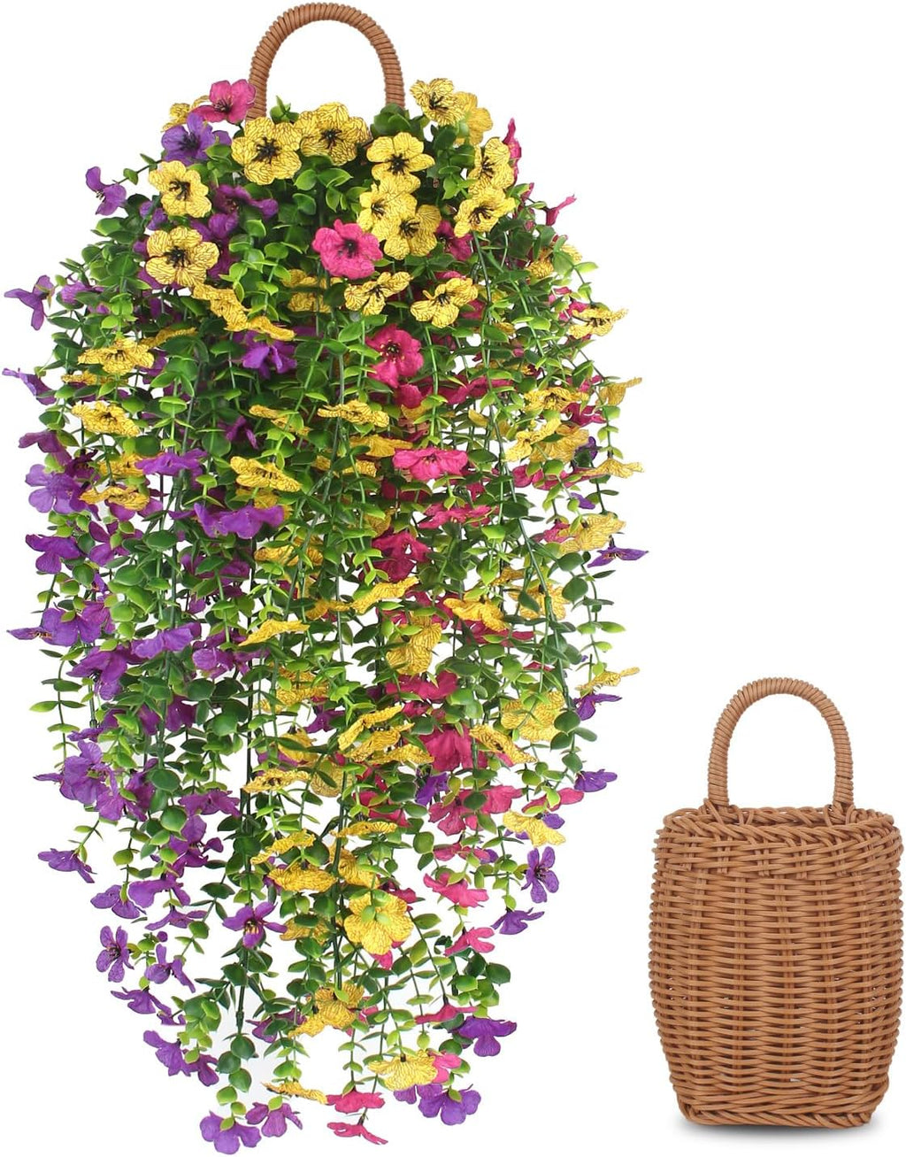 3 PCS Artificial Fake Hanging Flowers Plants with Basket for Spring Outdoor Outside Decoration, UV Resistant Faux Plastic Fabric Flower for Garden Porch Patio Balcony Yard Decor（Mix）