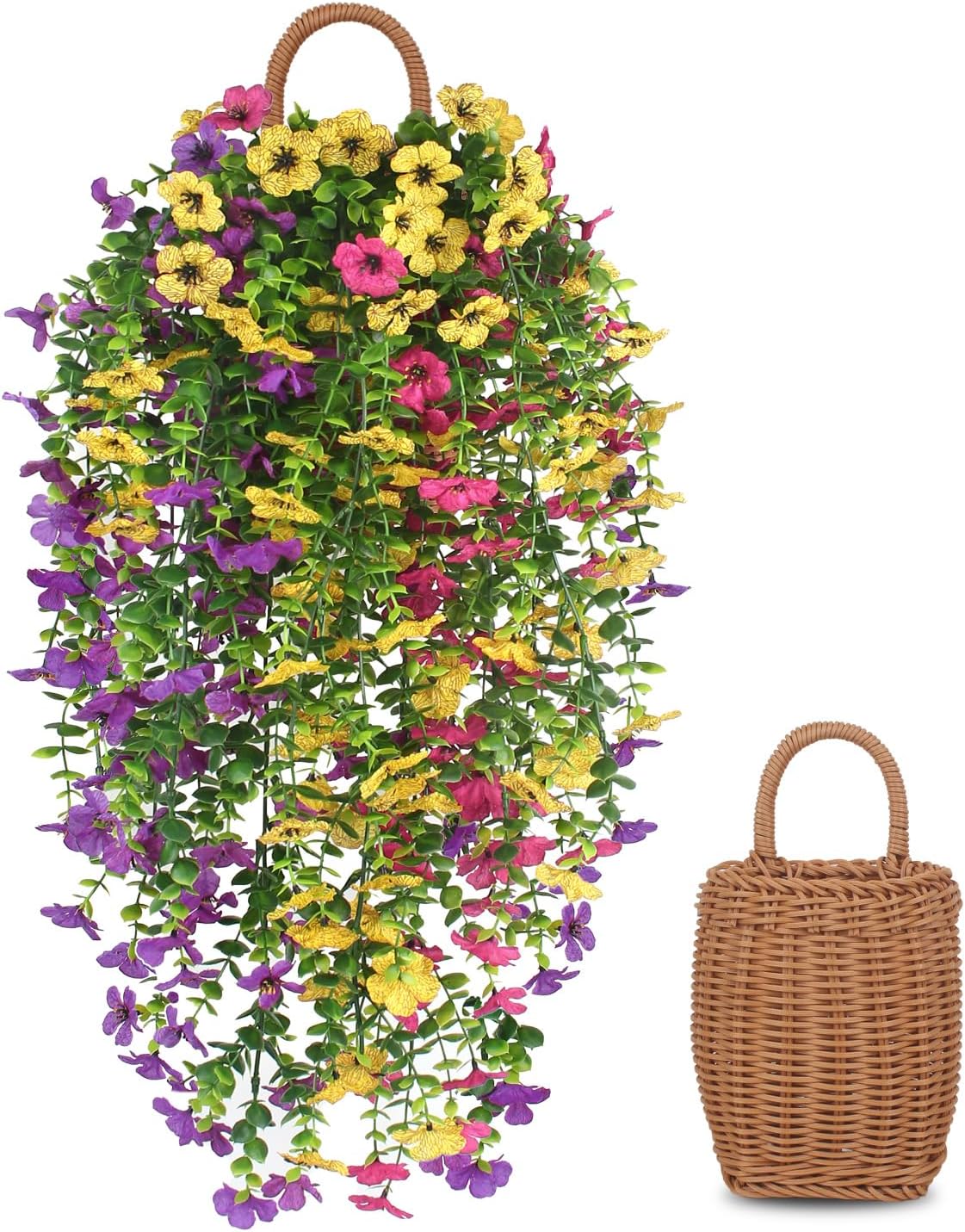 3 PCS Artificial Fake Hanging Flowers Plants with Basket for Spring Outdoor Outside Decoration, UV Resistant Faux Plastic Fabric Flower for Garden Porch Patio Balcony Yard Decor（Mix）