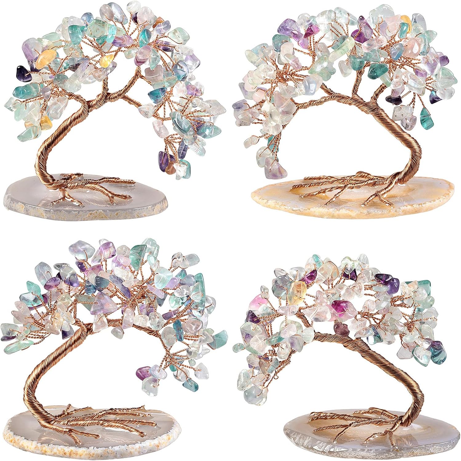 mookaitedecor Natural Fluorite Crystal Money Tree Agate Slice Base Feng Shui Bonsai Crystal Tree for Wealth Luck Desk Decor, 3-4 Inch High