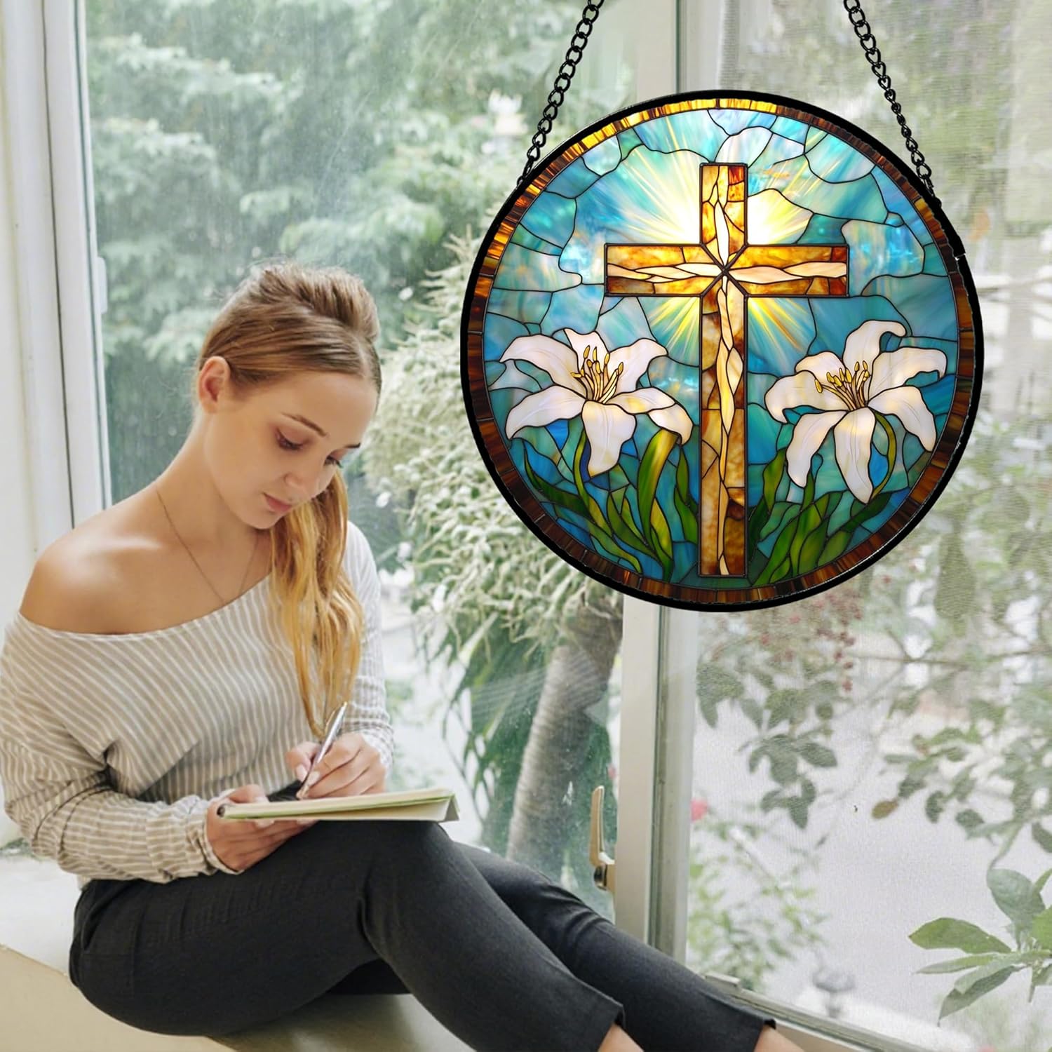 Christian Gifts for Women - Cross Stained Glass Window Hanging Jesus Easter White Lily Flower Sun Catcher Garden Religion Decor Mother's Day Catholic Gift for Men Grandma Mom Her Nana 11.8"